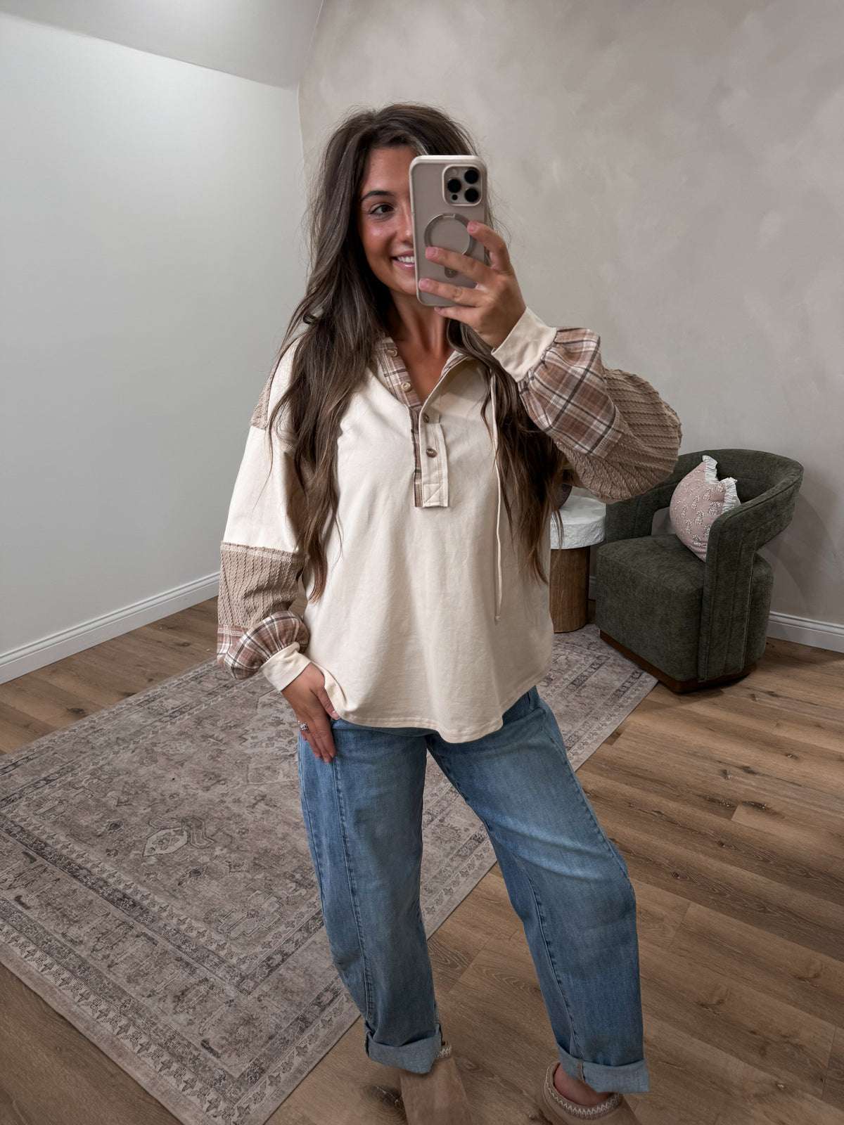 Harvest Hues Plaid Color Block Hoodie -  natural