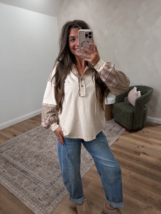 Harvest Hues Plaid Color Block Hoodie -  natural