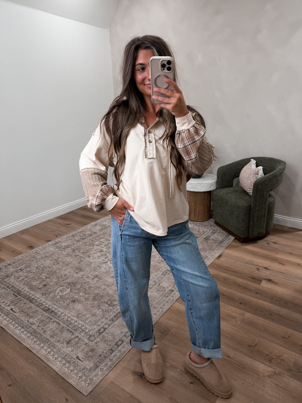 Harvest Hues Plaid Color Block Hoodie -  natural