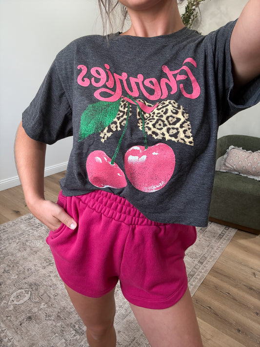 Cherries Leopard Crop Tee - charcoal