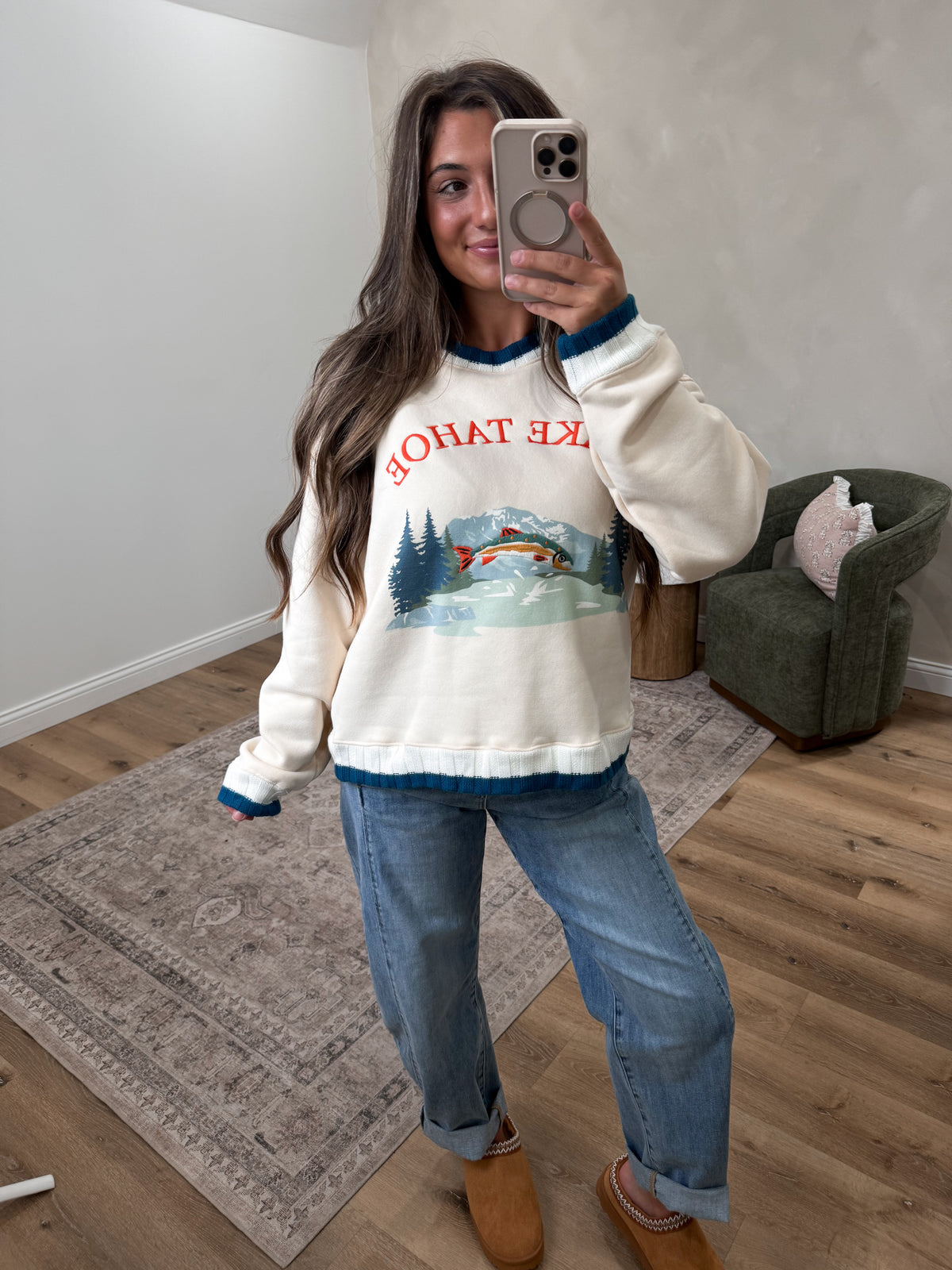 Lake Tahoe Graphic Knit Crewneck - cream/teal
