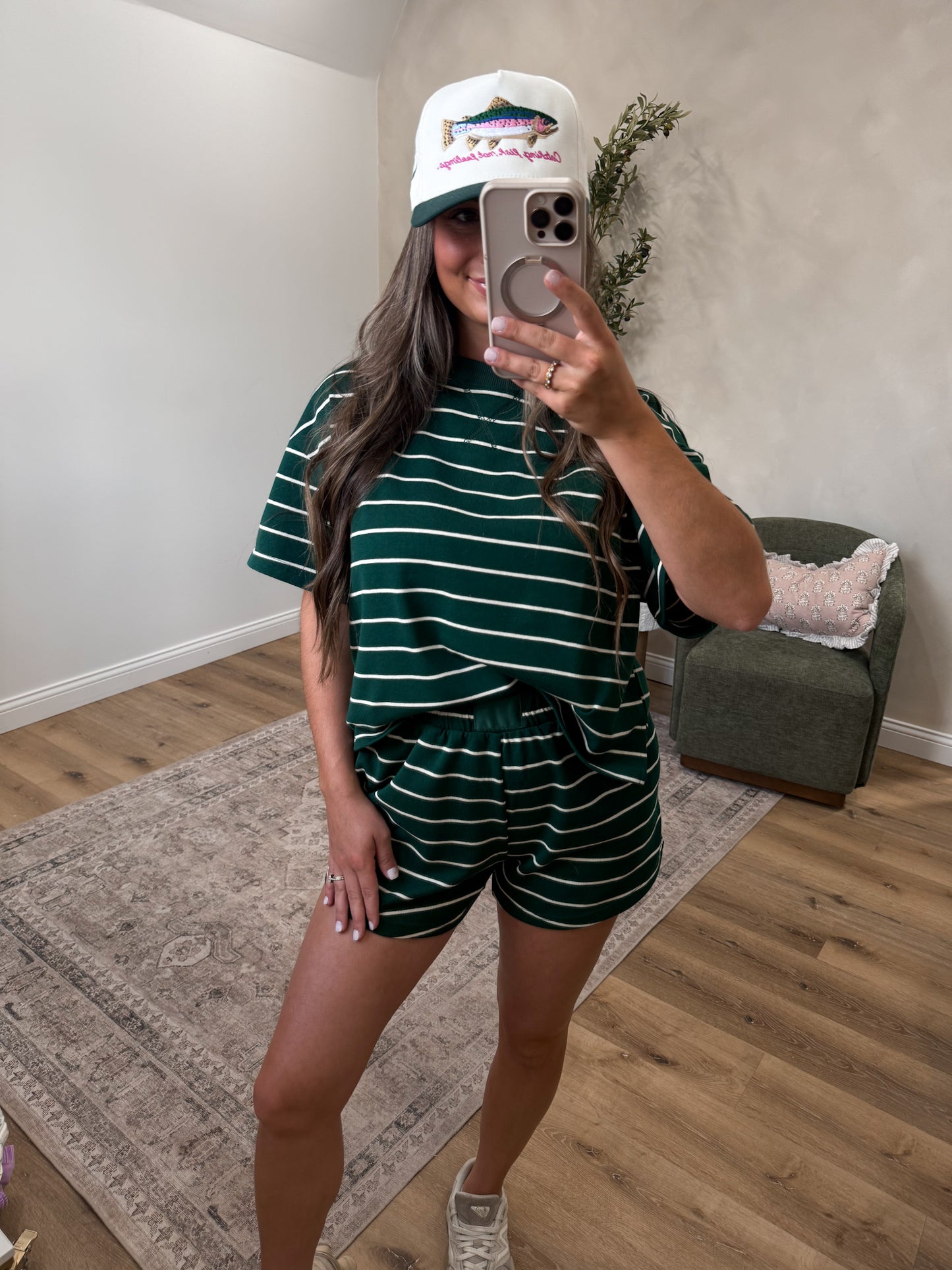 Kenna Comfort Striped Shorts Set - green/ivory