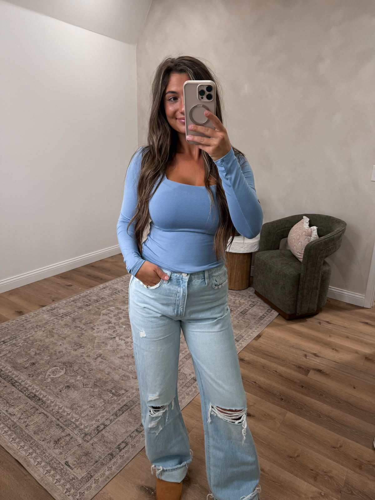 Square Neck Double Layered Long Sleeve - denim blue