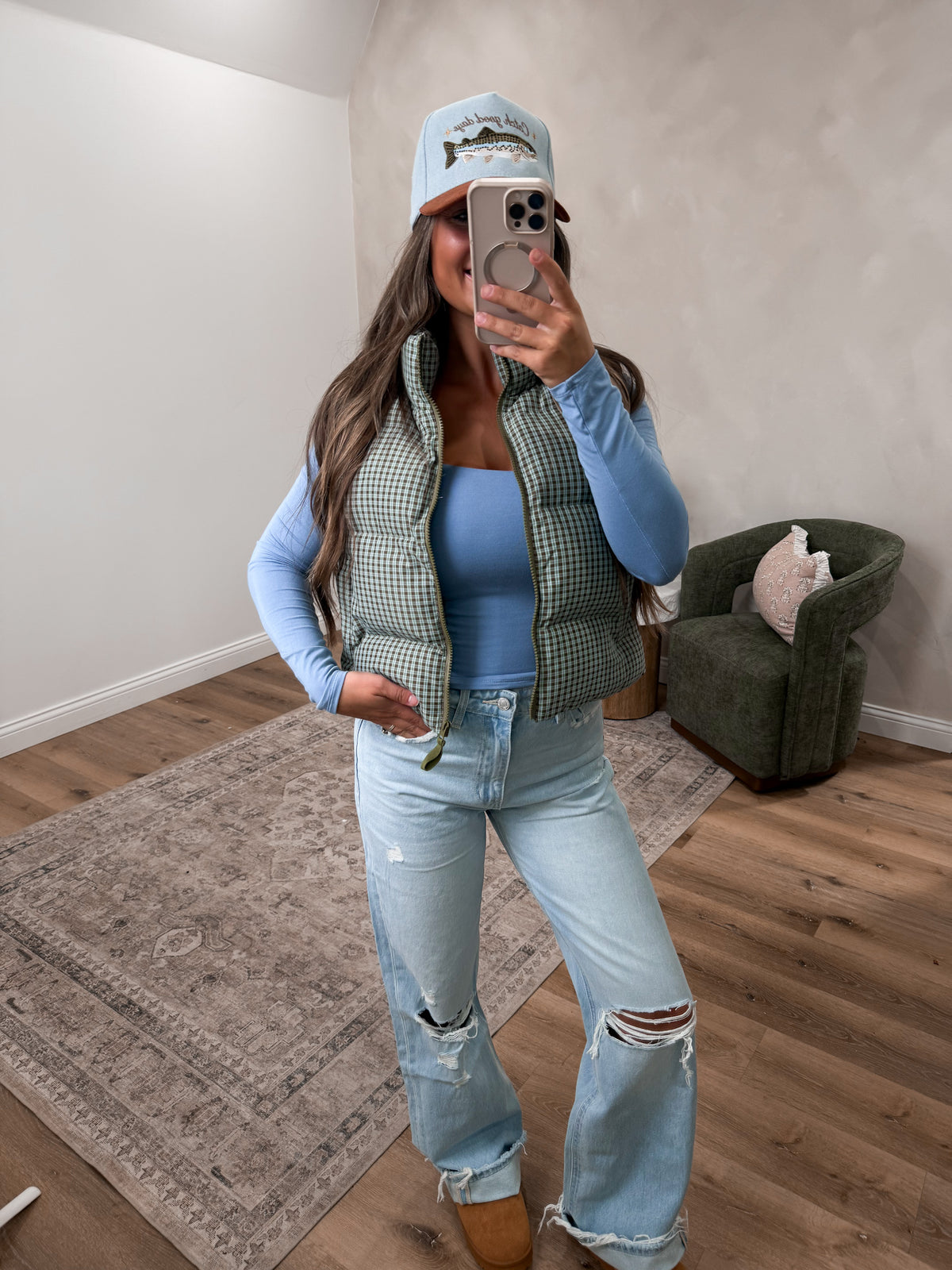 The Upgrade Gingham Puffer Vest - olive