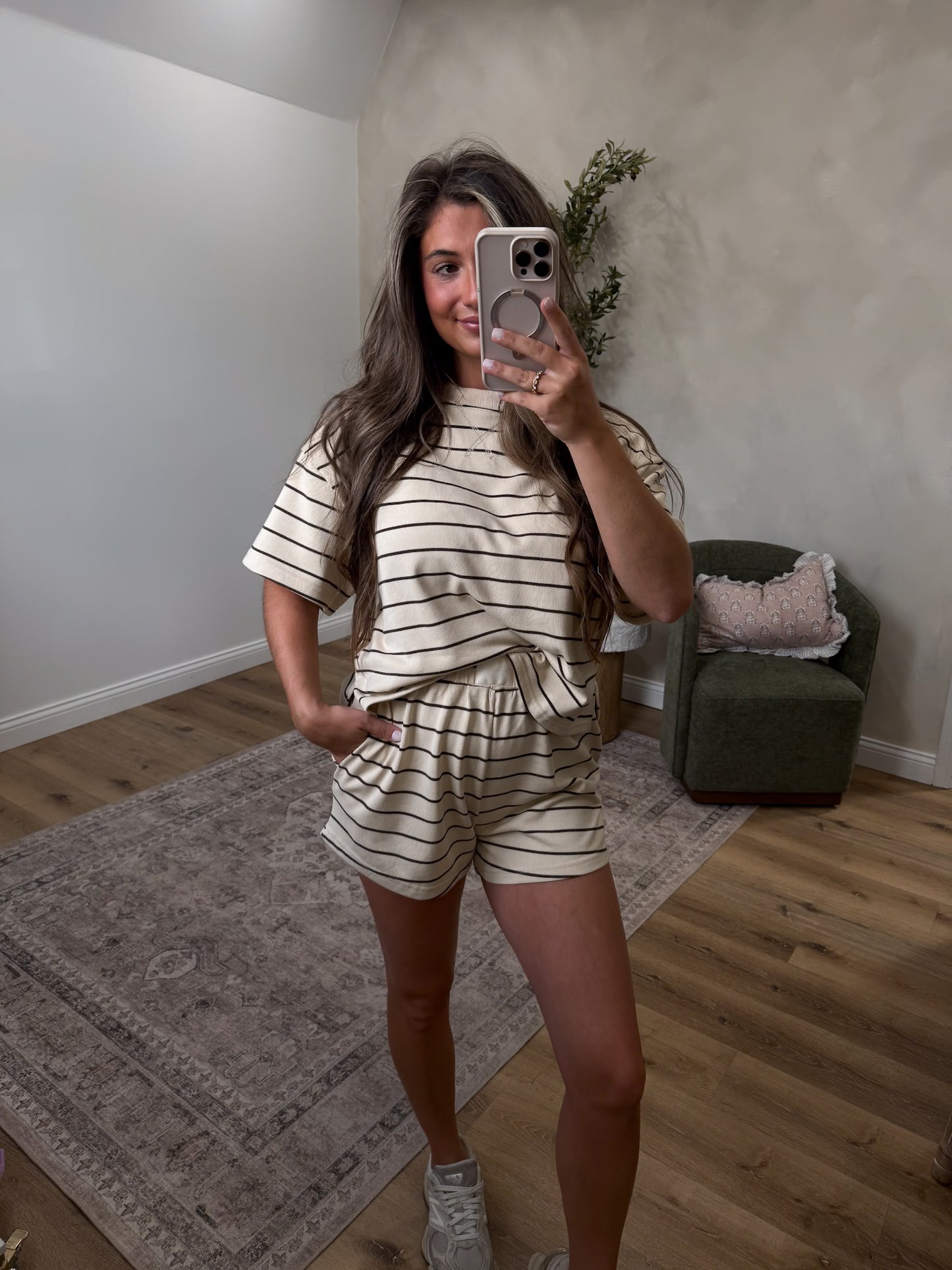 Kenna Comfort Striped Shorts Set - oatmeal/brown