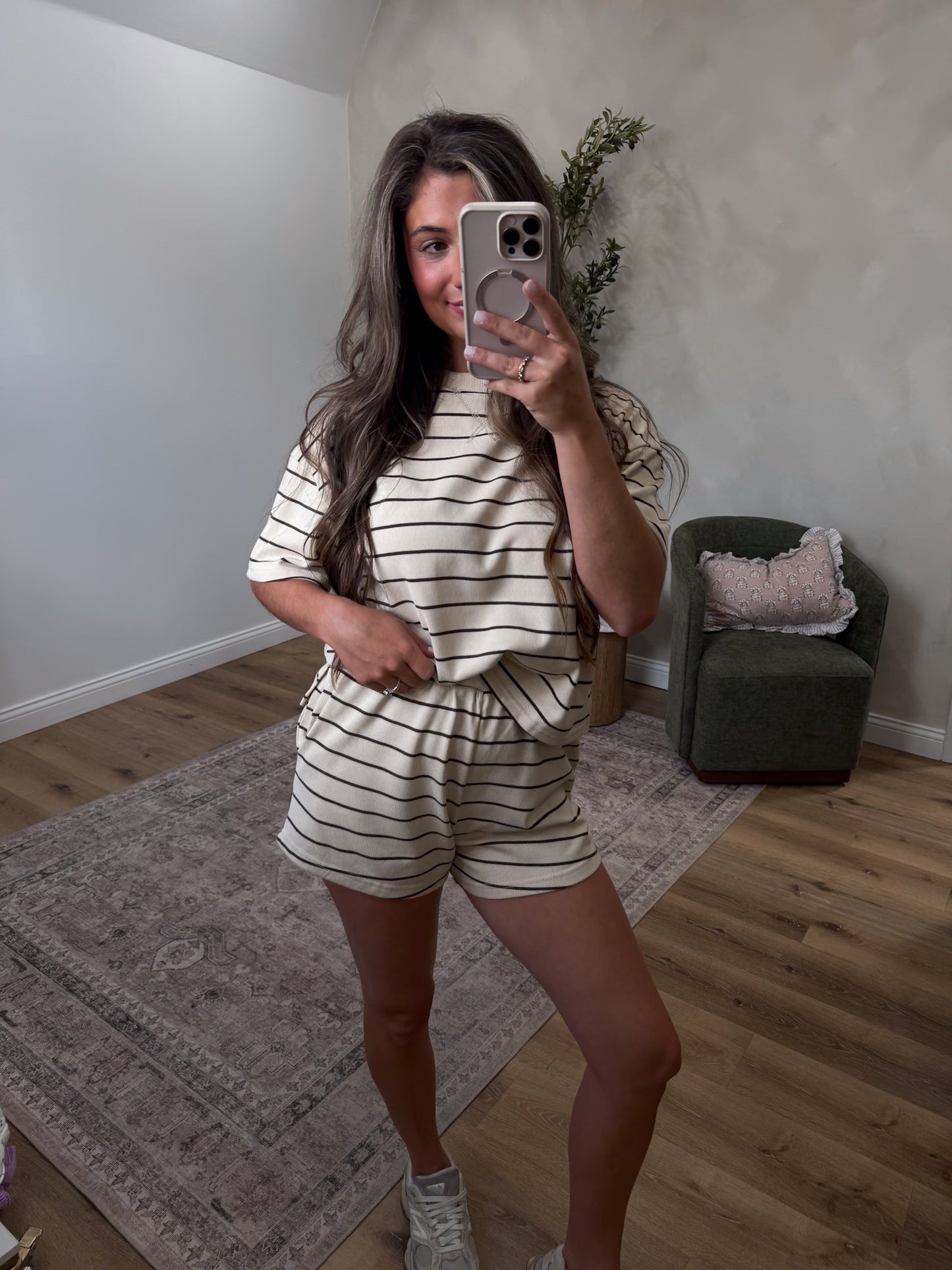 Kenna Comfort Striped Shorts Set - oatmeal/brown
