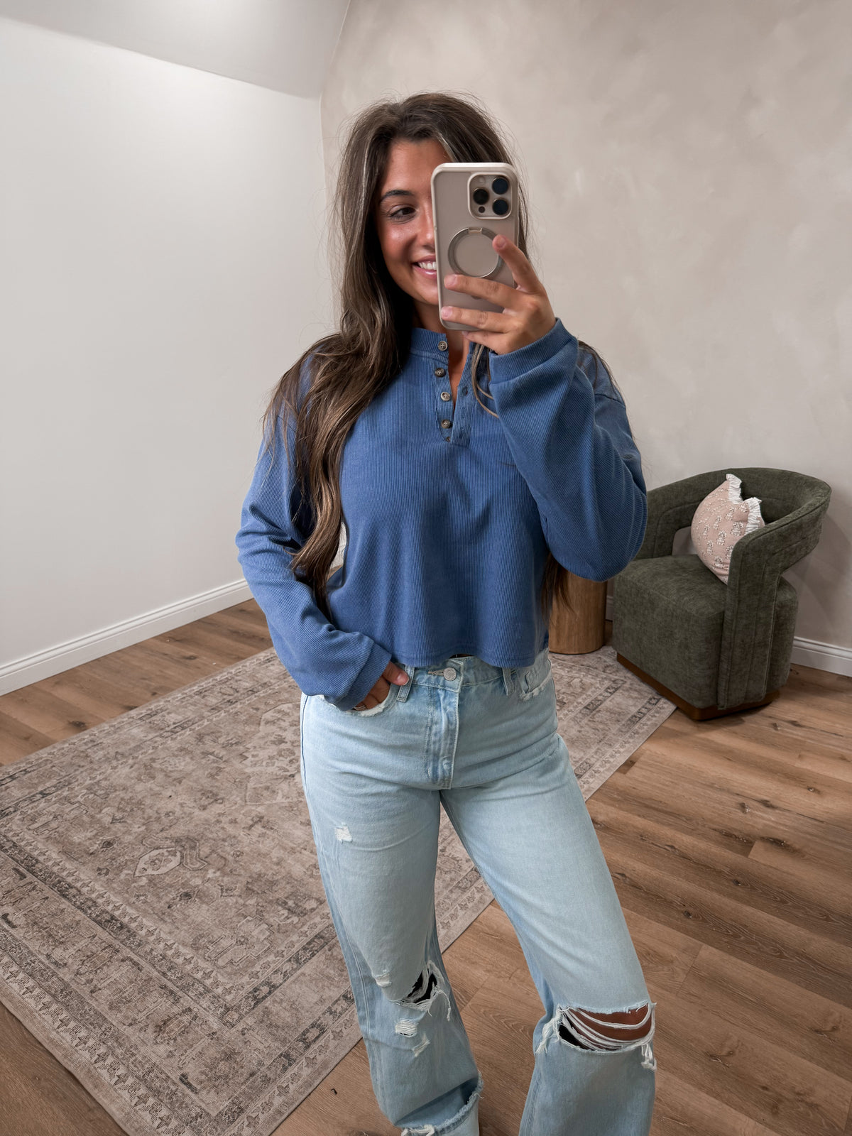 Millie Buttoned Henley Top - blue