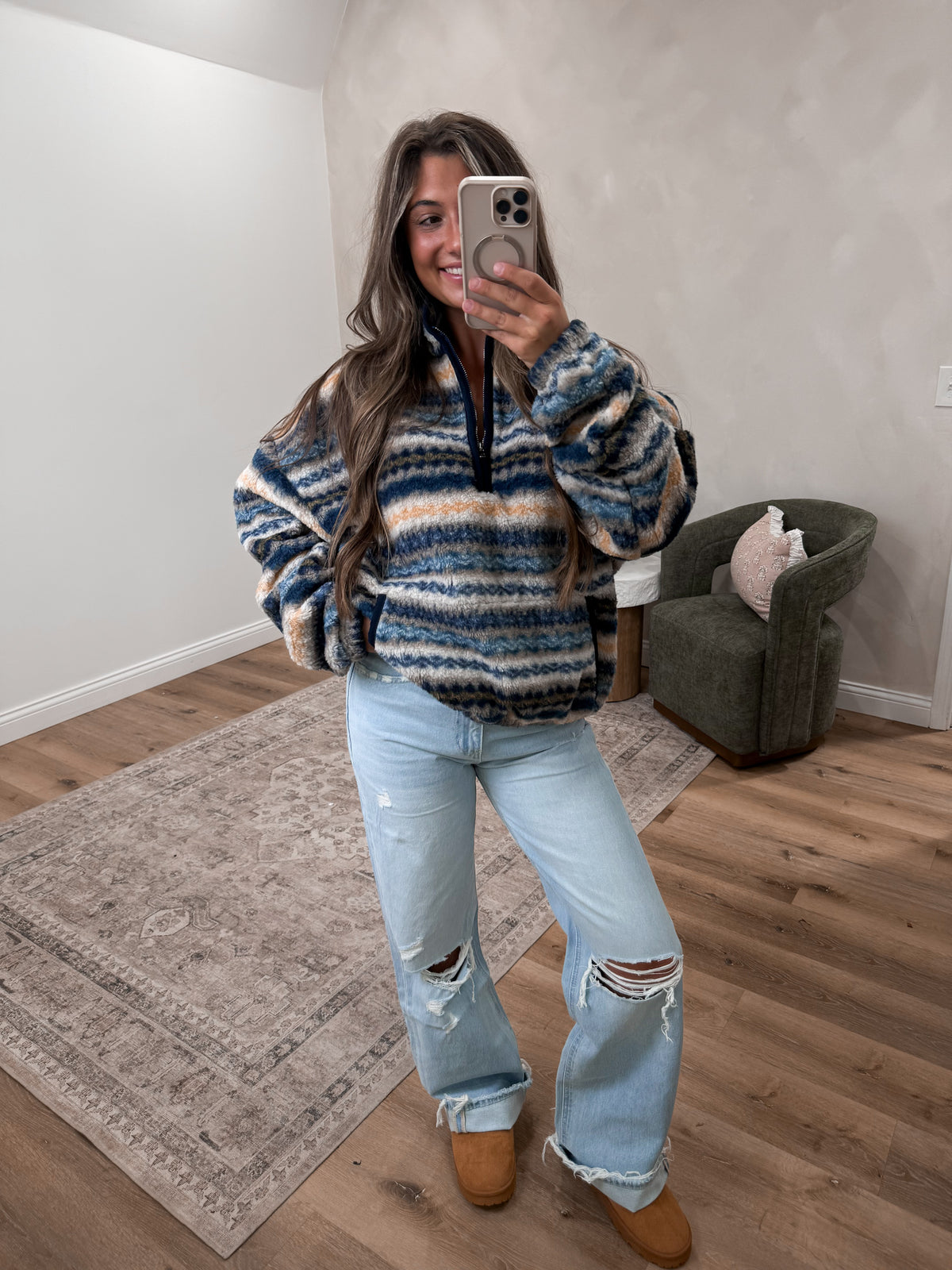 Wanderlust Striped Sherpa Half Zip Pullover - blue ridge