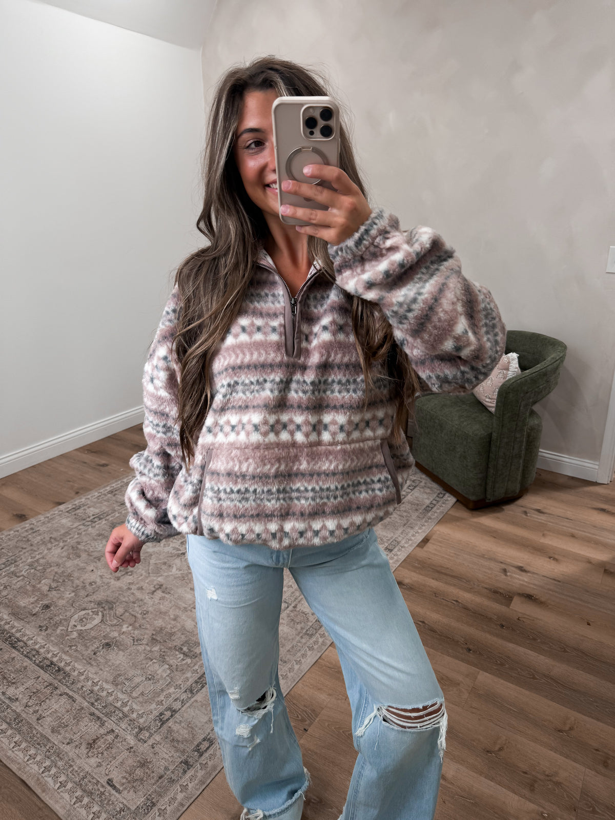 Wanderlust Striped Sherpa Half Zip Pullover - ashwood