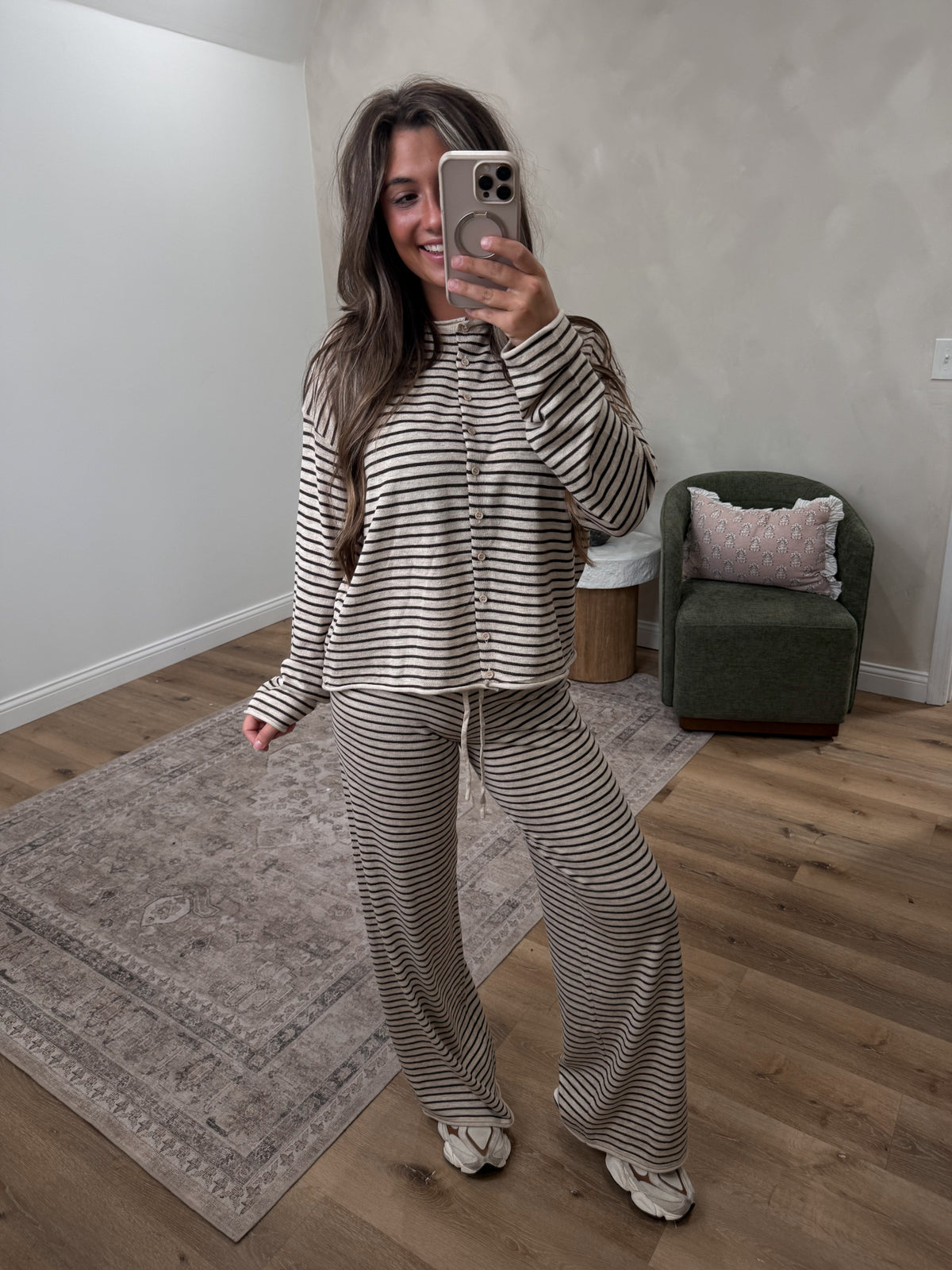 In My Element Striped Lounge Set - oatmeal/brown