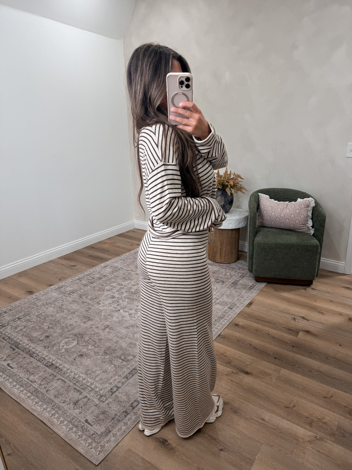 In My Element Striped Lounge Set - oatmeal/brown