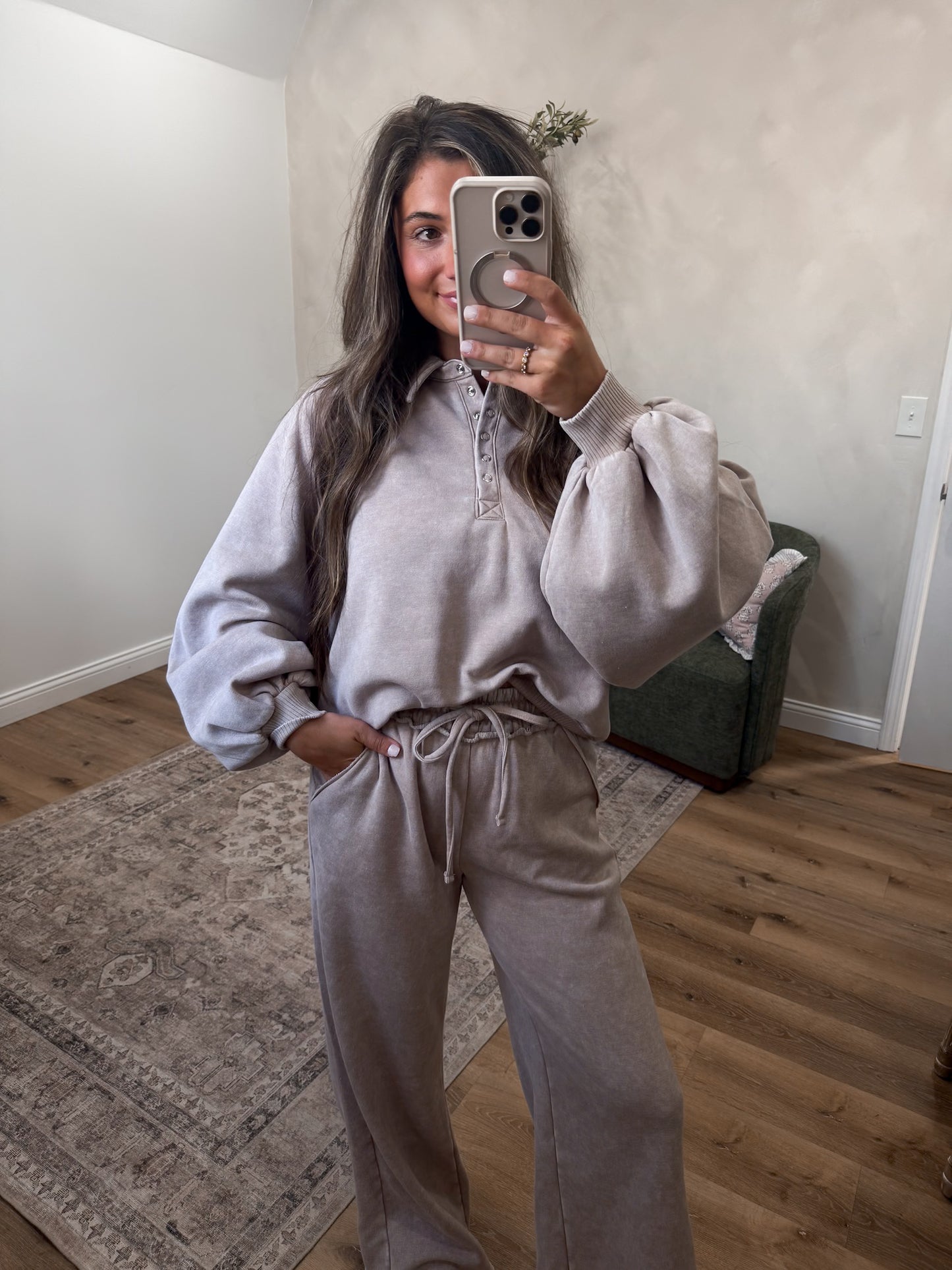 Megan Button Up Pullover -ash mocha