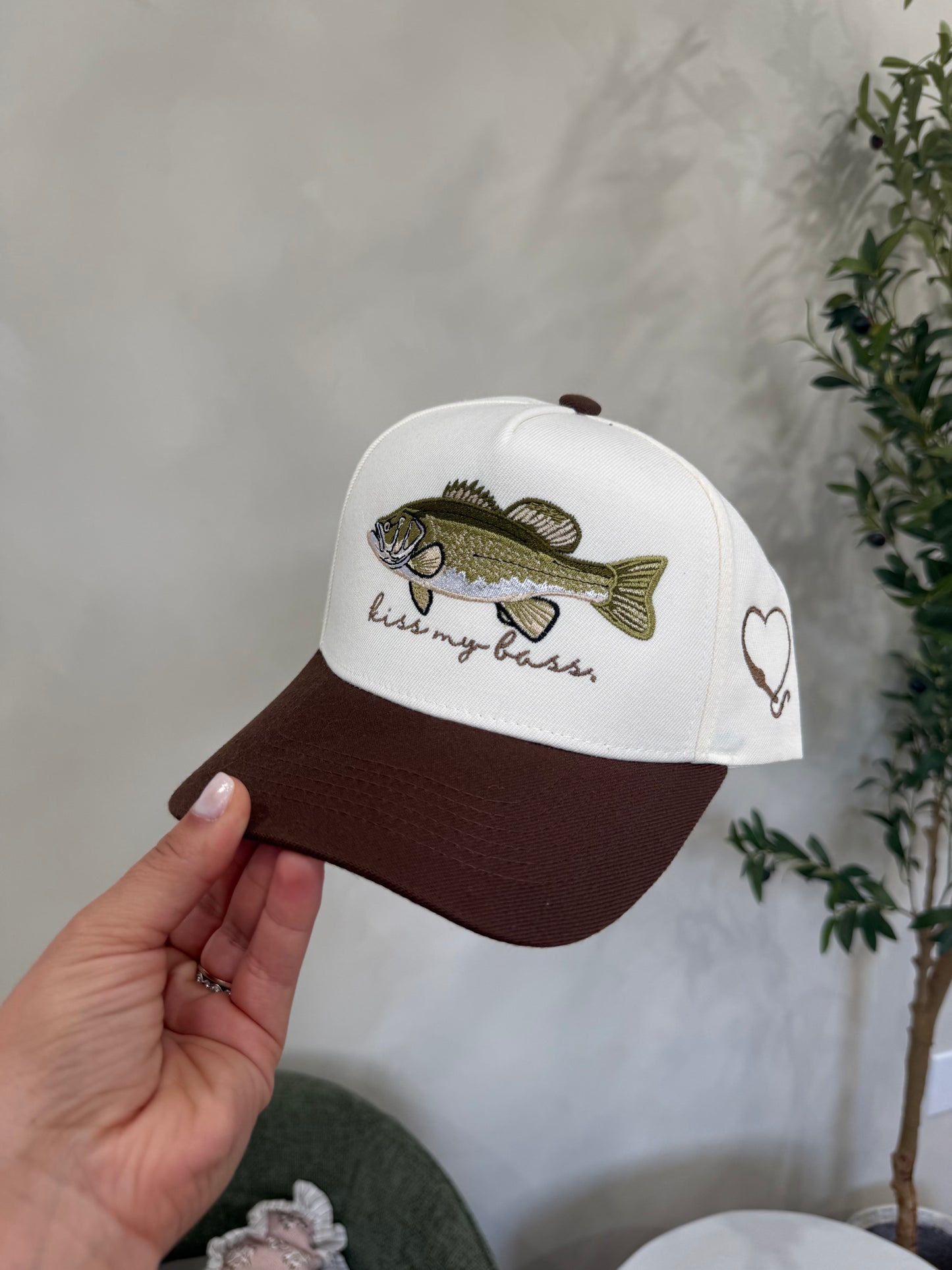 Kiss My Bass Embroidered Hat - cream/brown