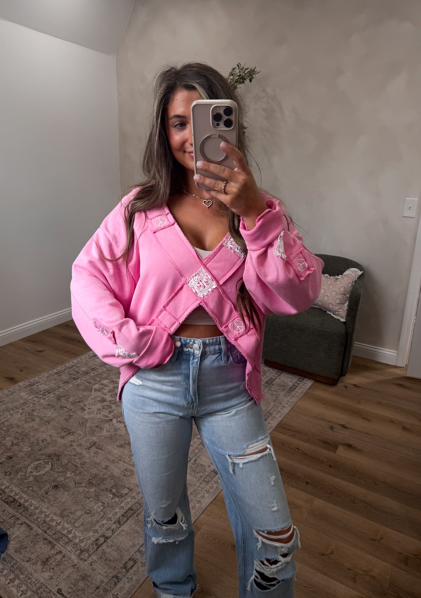 Crotchet Patch Chandler Pullover - candy pink