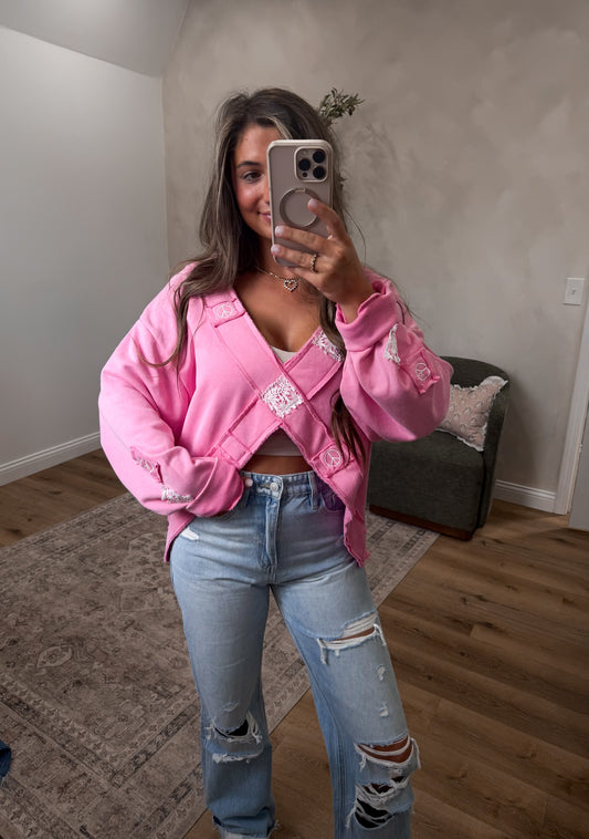 Crotchet Patch Chandler Pullover - candy pink