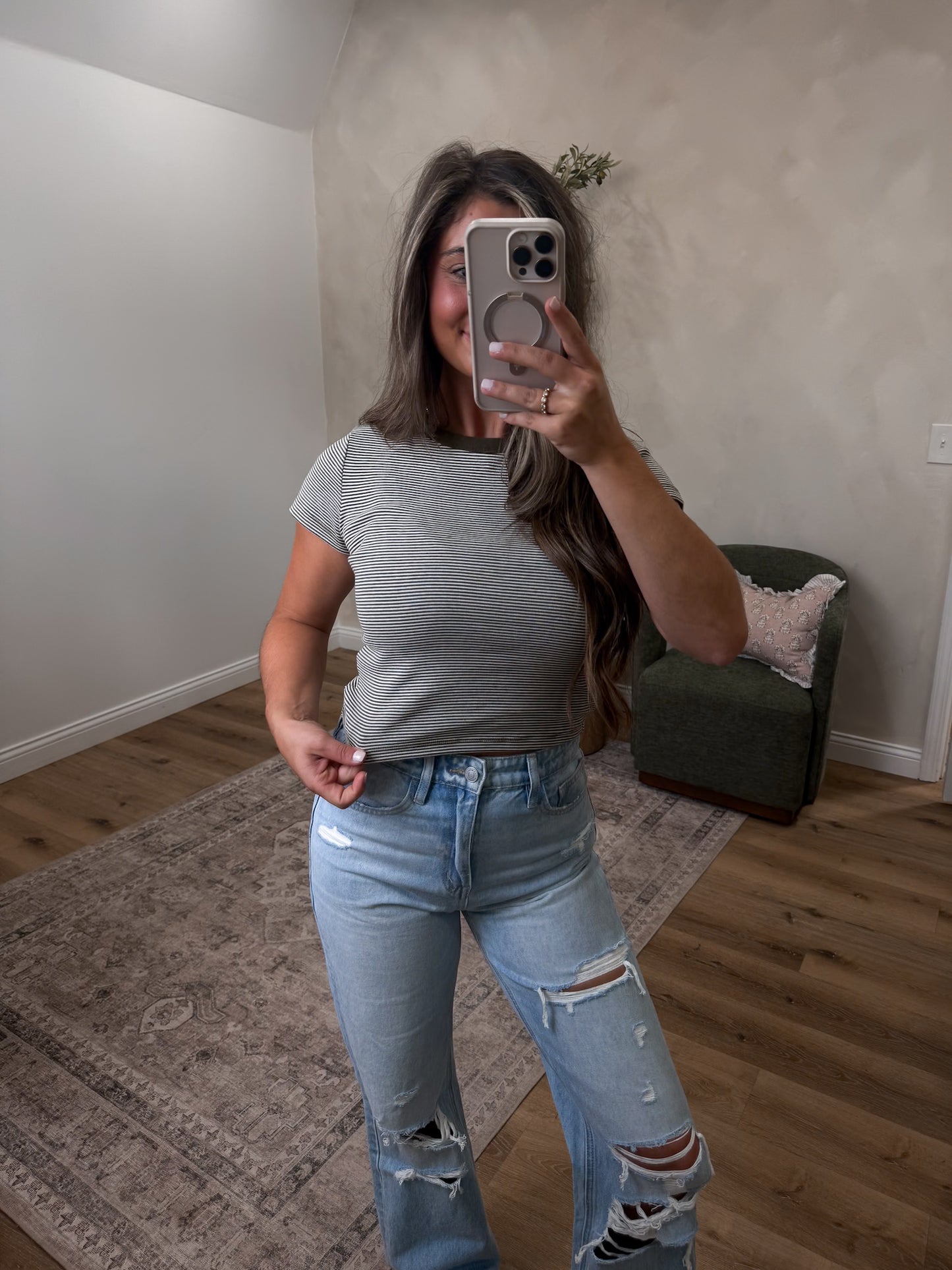 Annie Striped Baby Tee - olive stripe