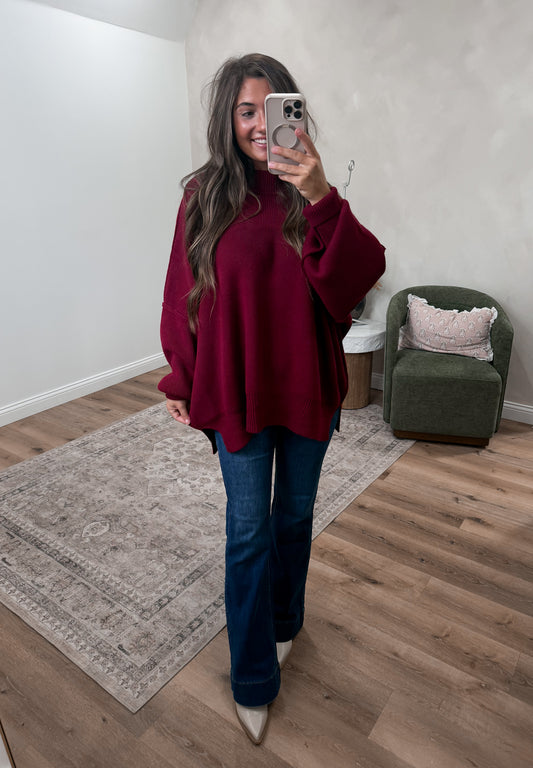 Dallas Side Slit Oversized Sweater - dark burgundy