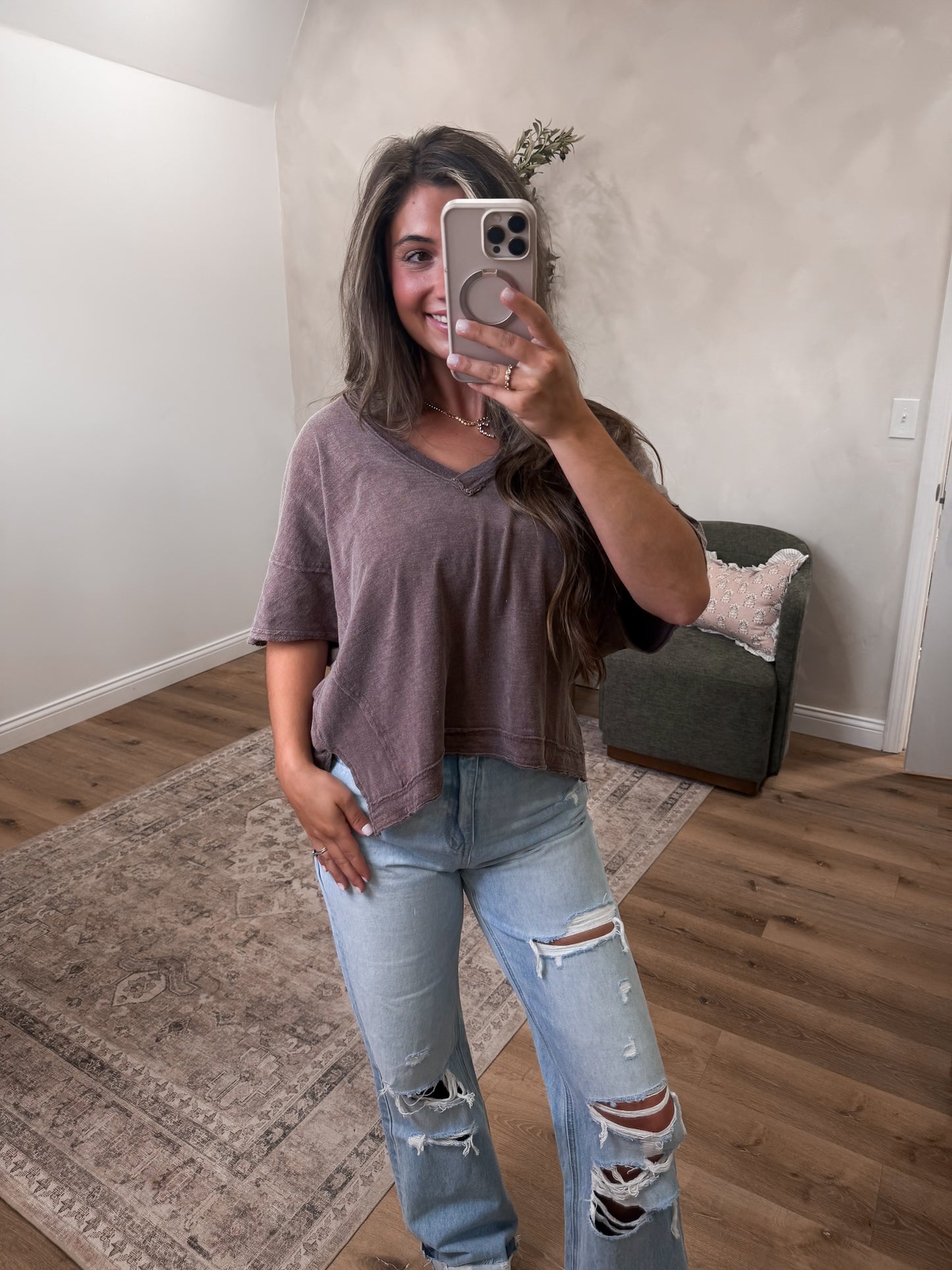Emily Vintage V-Neck Top - chocolate