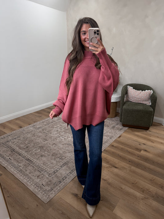 Dallas Side Slit Oversized Sweater - winter rose