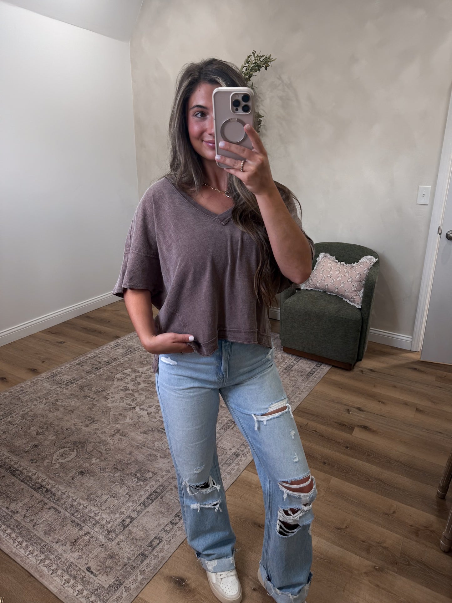 Emily Vintage V-Neck Top - chocolate