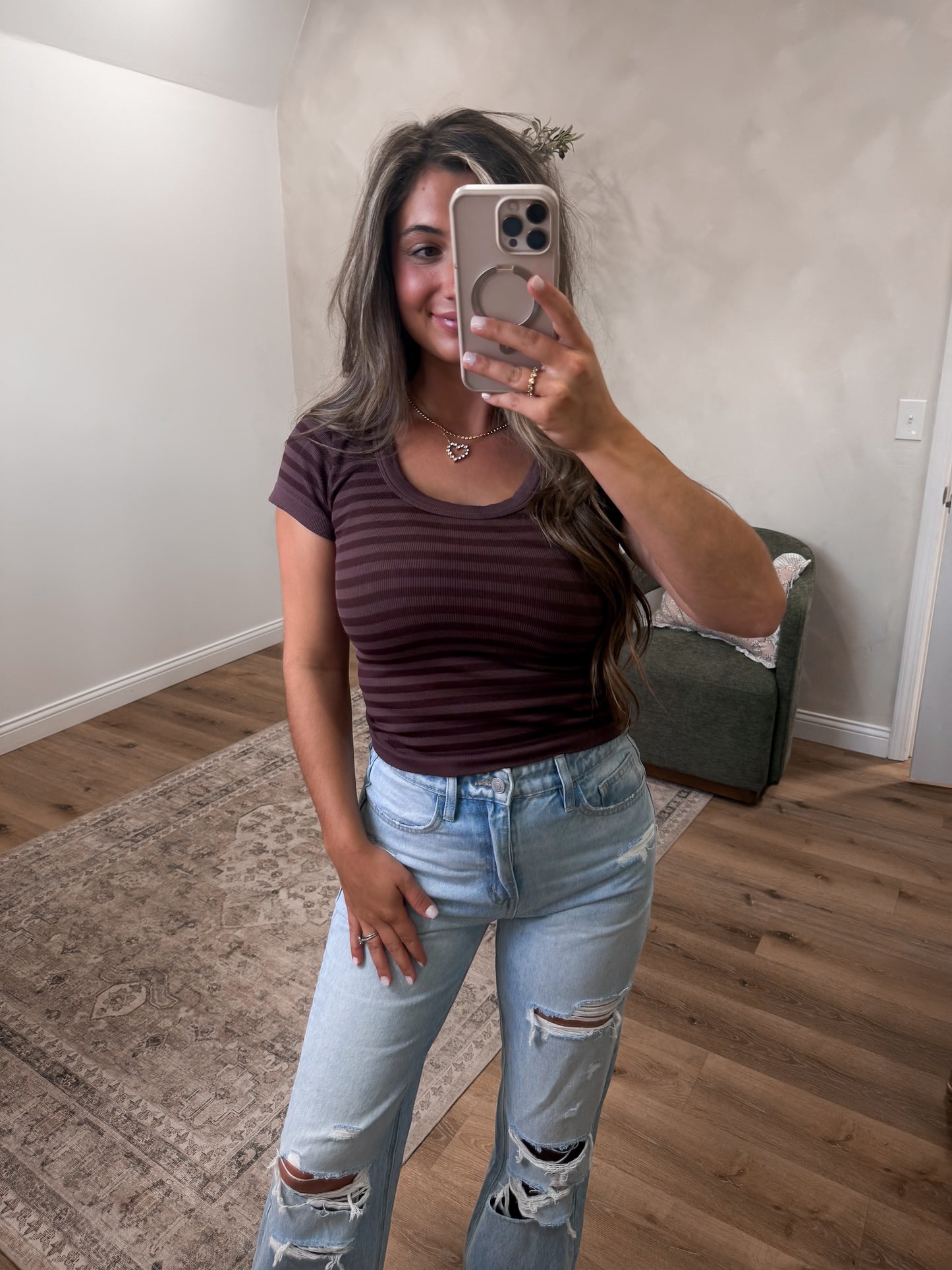 Retro Striped Scoop Neck Top - french toast