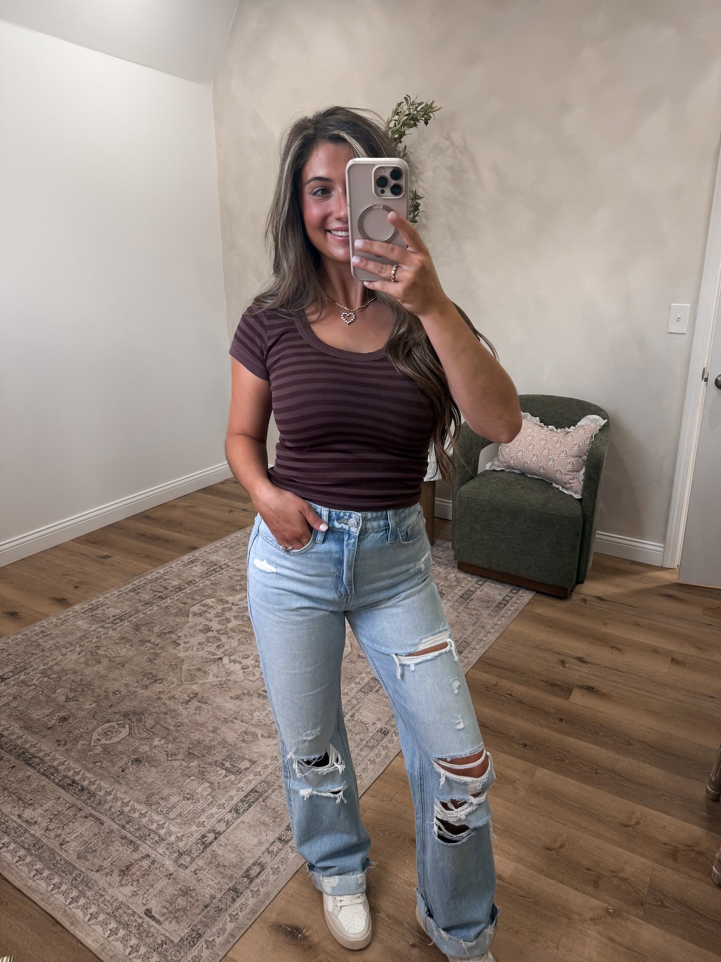Retro Striped Scoop Neck Top - french toast