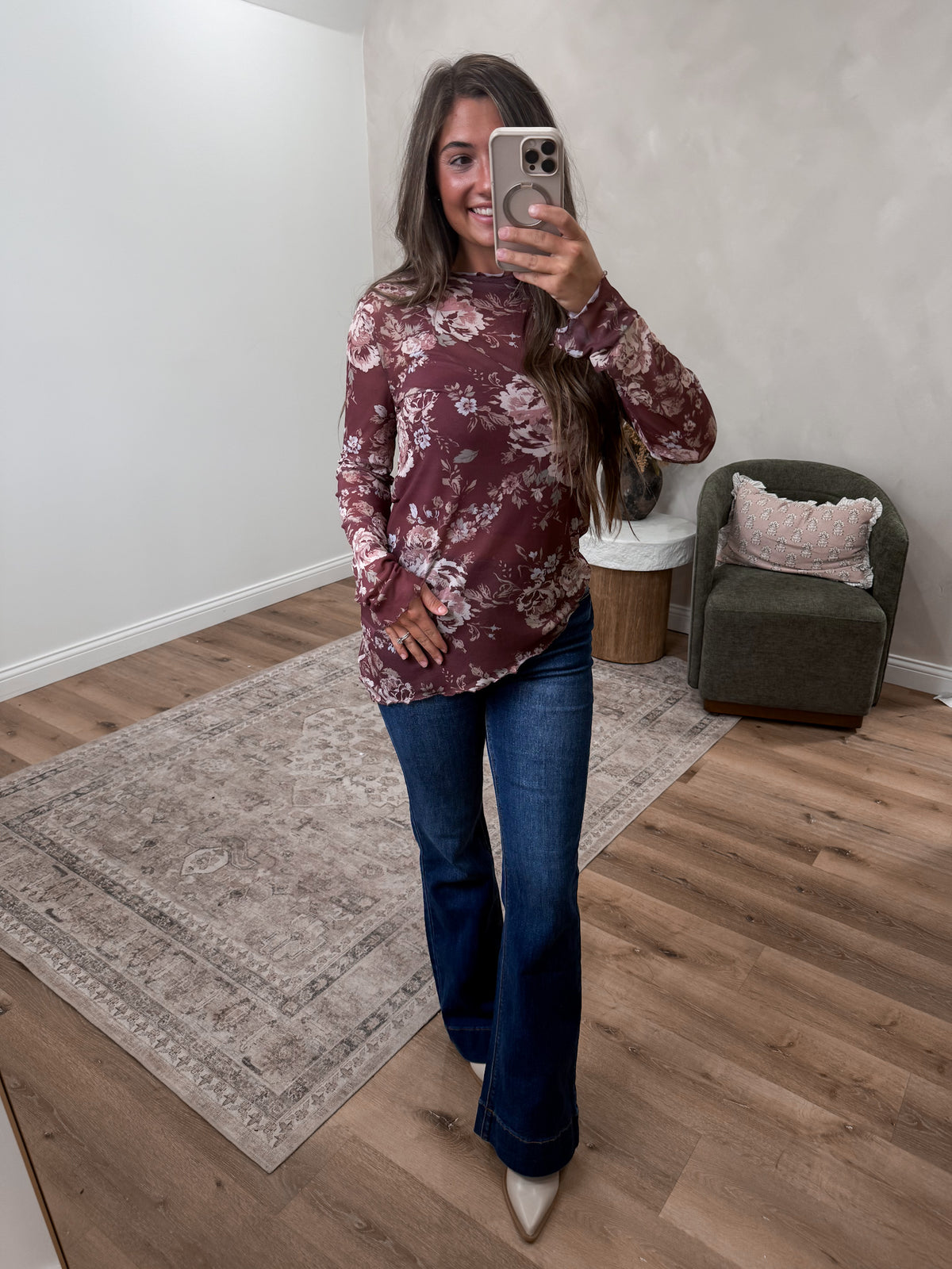 Floral Asymmetrical Mesh Top - burgendy