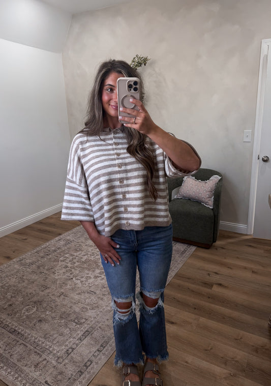 Clara Striped Knit Cardigan - light mocha/cream