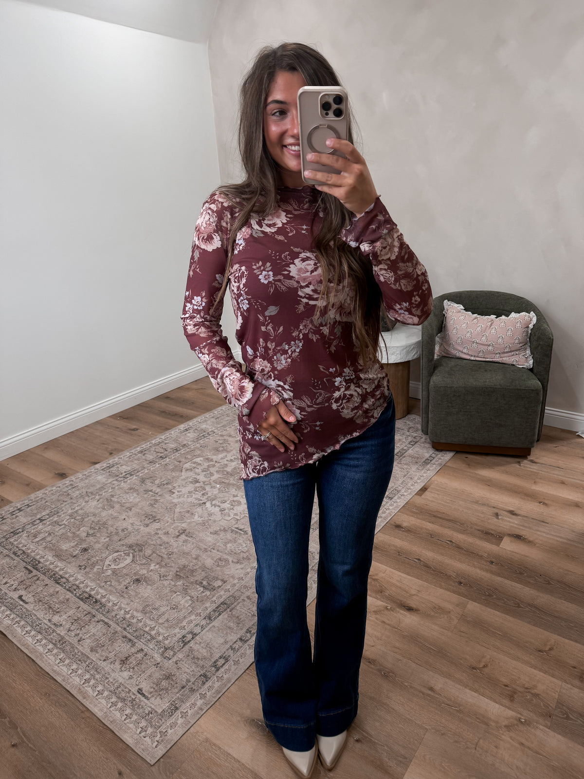 Floral Asymmetrical Mesh Top - burgendy