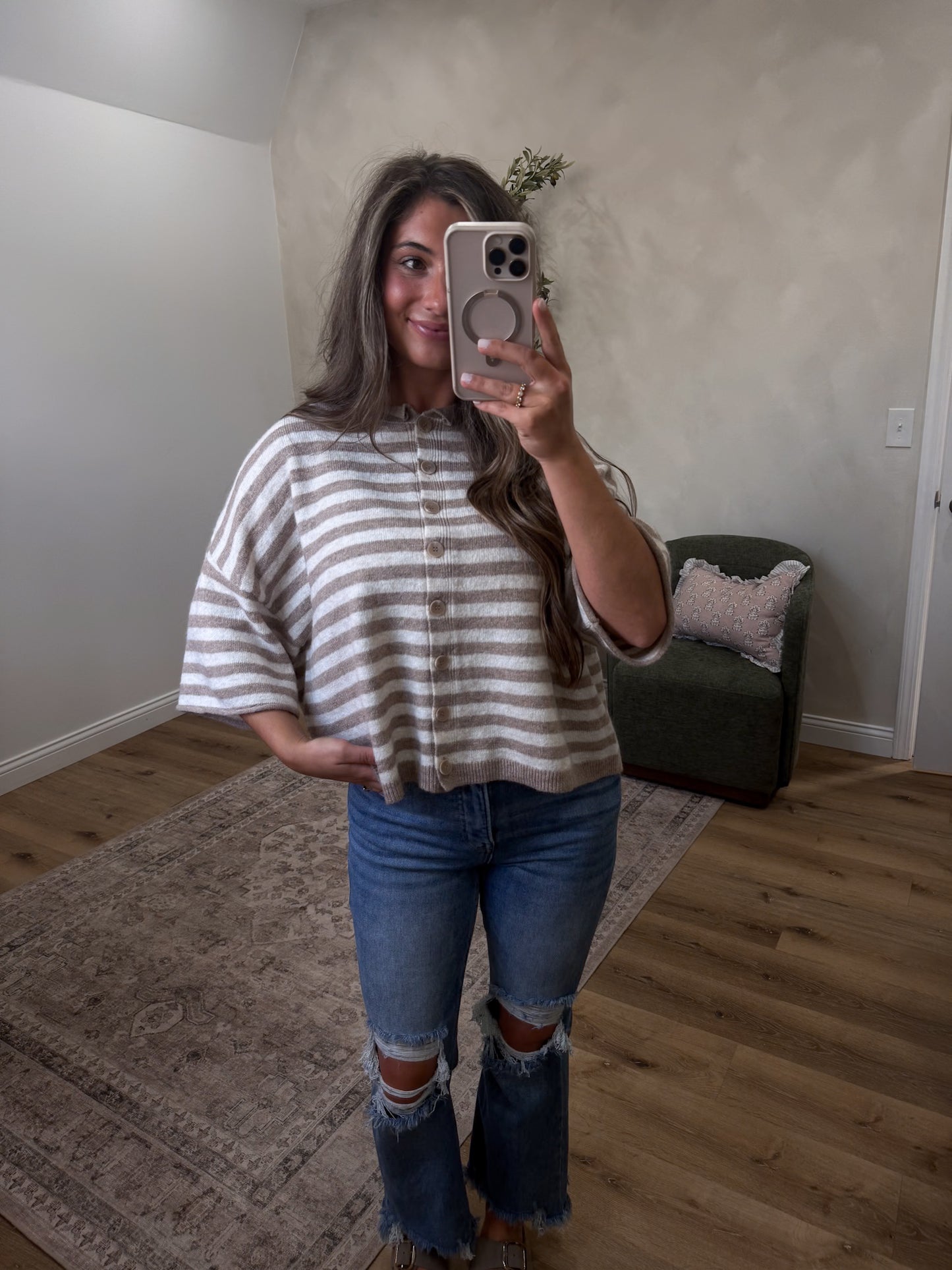 Clara Striped Knit Cardigan - light mocha/cream