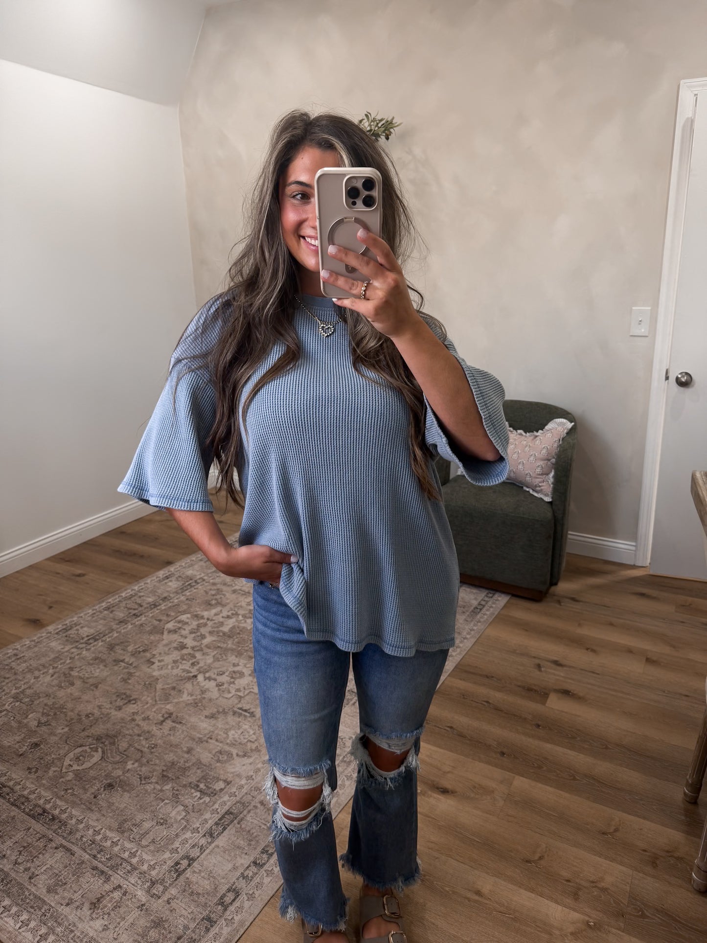 Waffle Knit Oversized Washed Tee - dusty blue