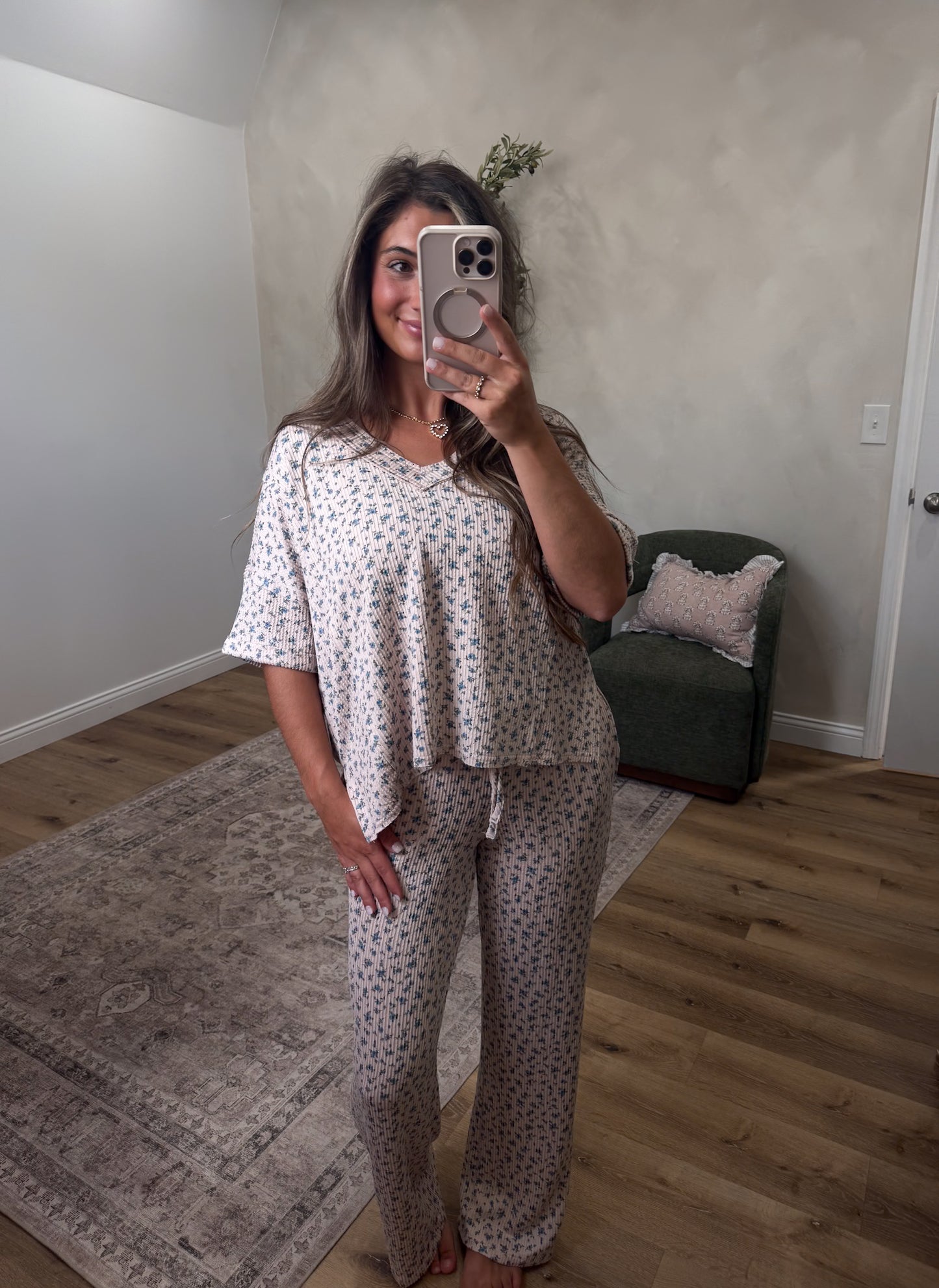 Primrose Ditsy Floral Ribbed Lounge Set - khaki multi