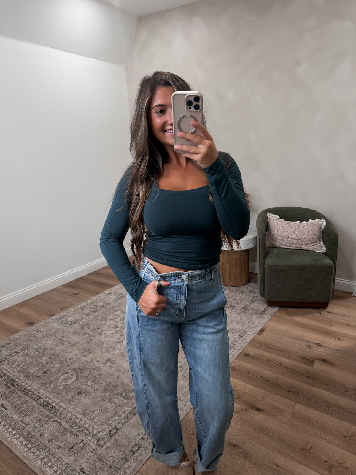 Square Neck Double Layered Long Sleeve - teal green