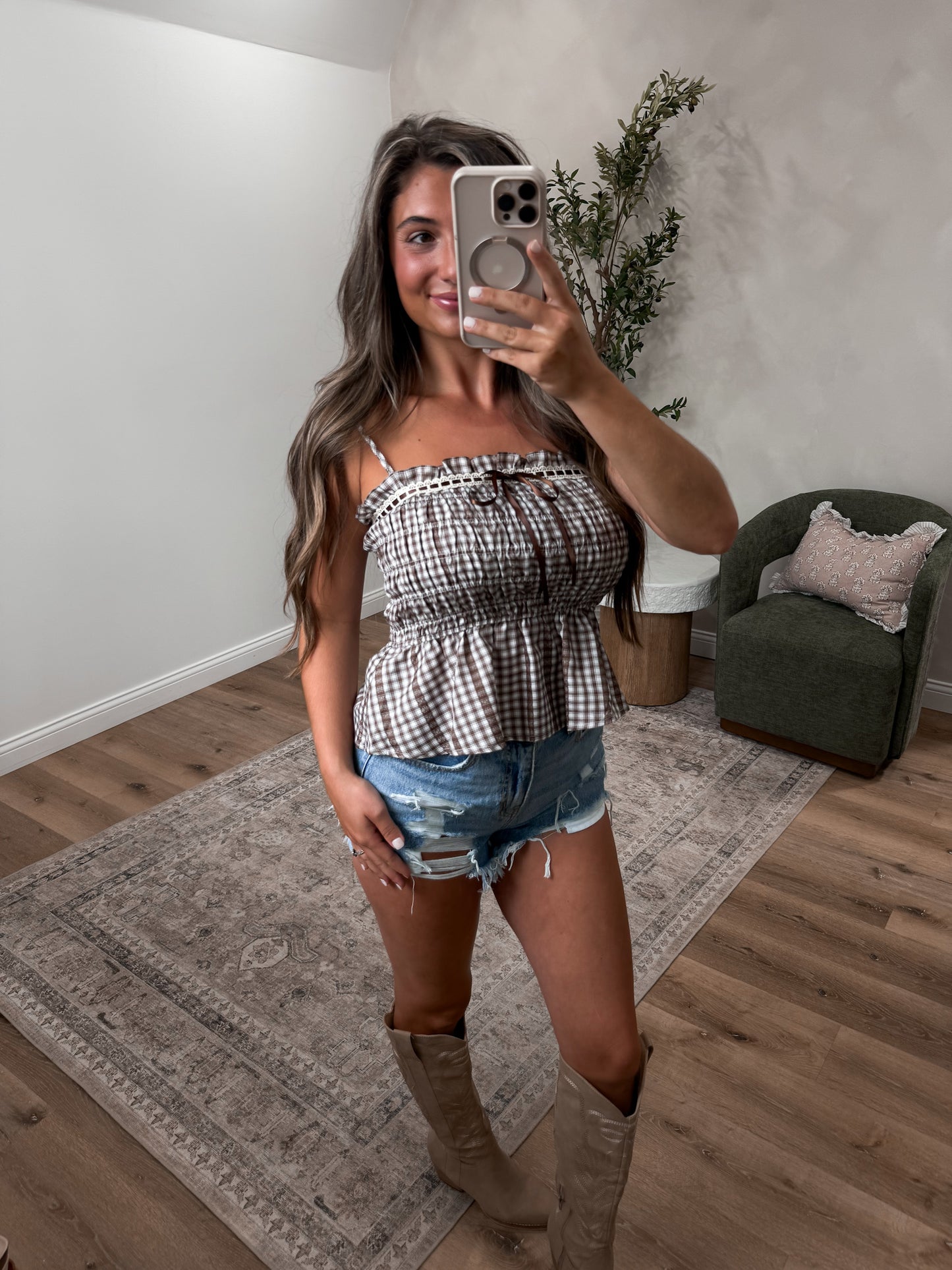 Josie Smocked Gingham Lace Tank - dark brown