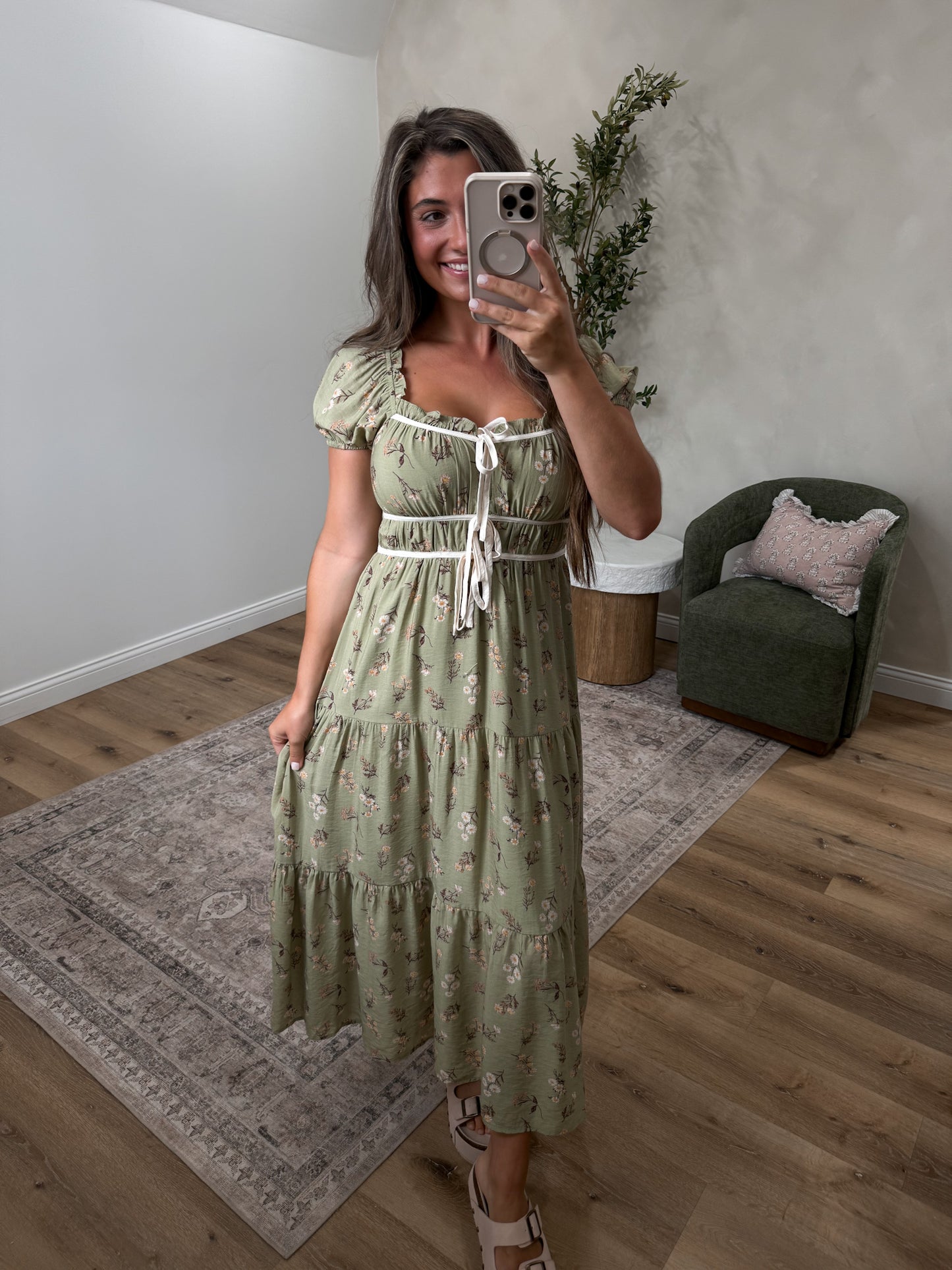 Sweet Caroline Floral Ruffle Midi Dress - olive