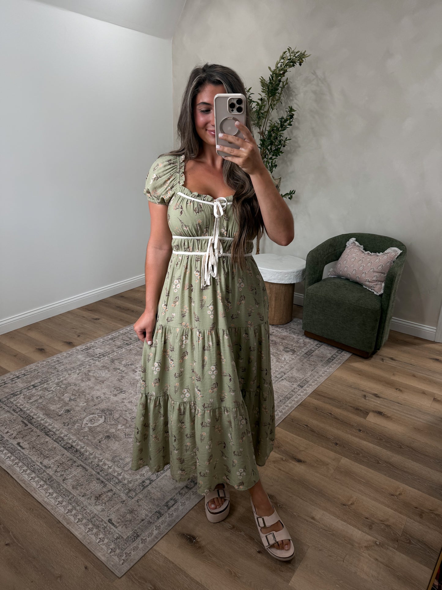 Sweet Caroline Floral Ruffle Midi Dress - olive