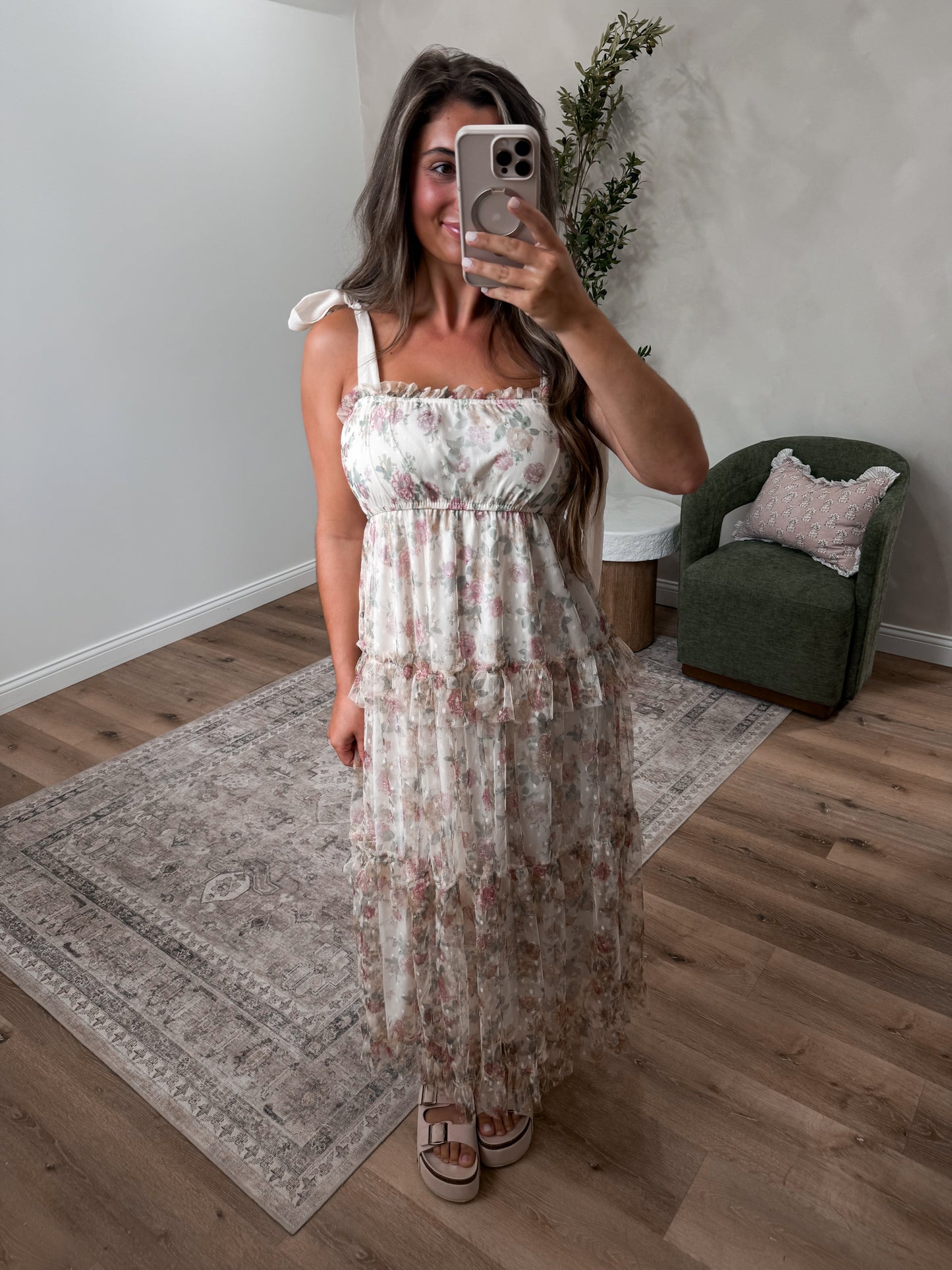 Ellie Rae Floral Ruffled Midi Dress - oatmeal