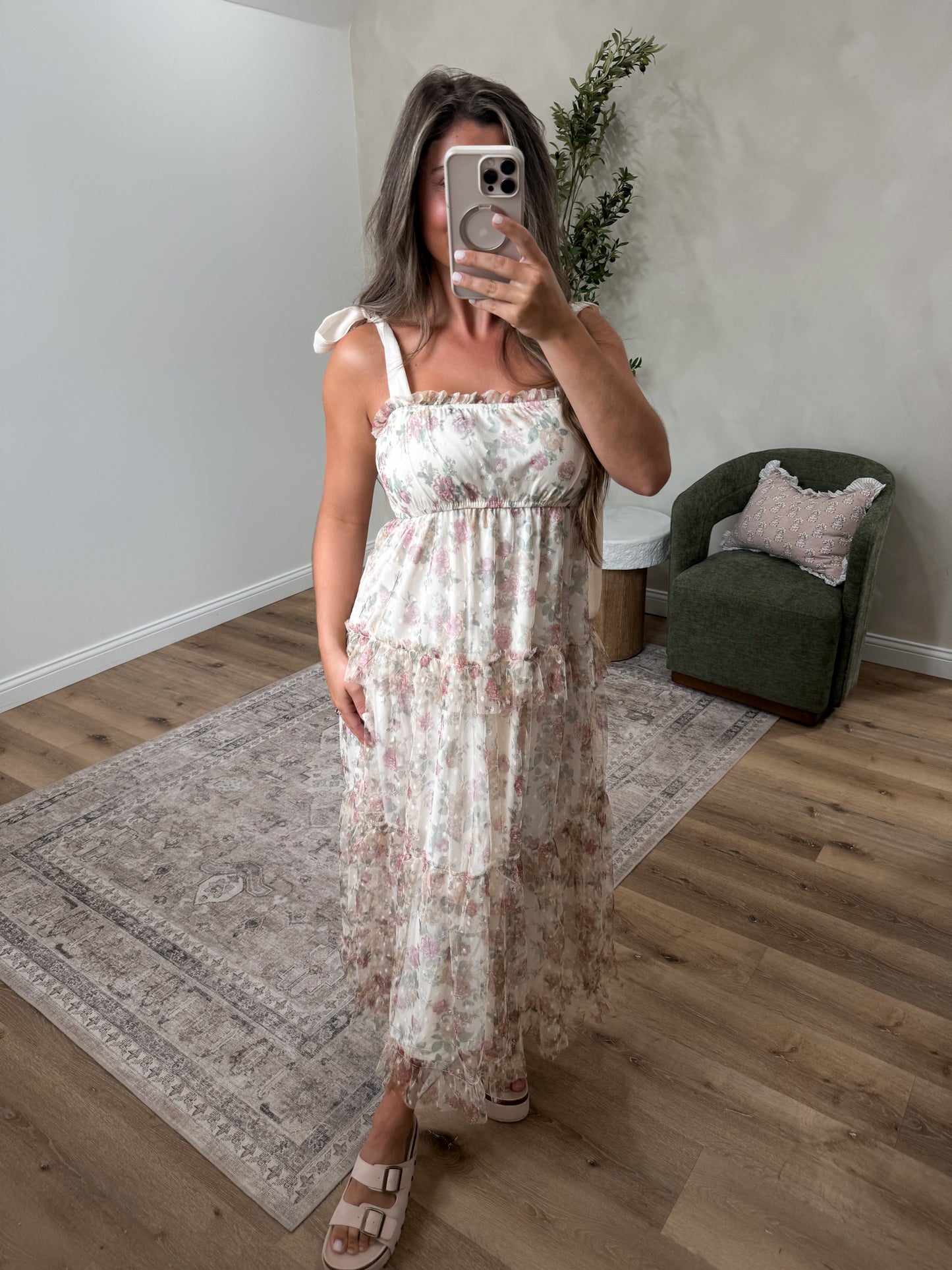 Ellie Rae Floral Ruffled Midi Dress - oatmeal