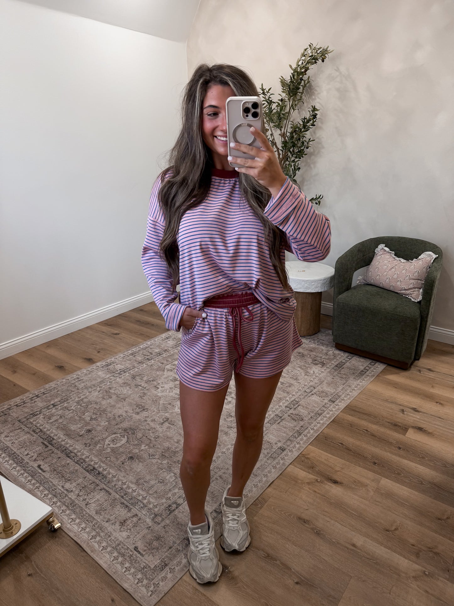 The Long Sleeve Lydia Striped Casual Set - soft mauve/blue