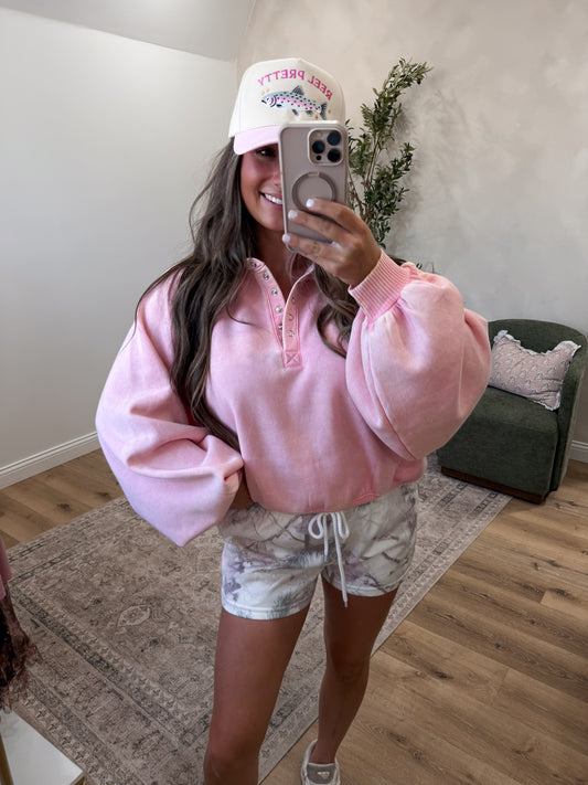 Megan Button Up Pullover - pink