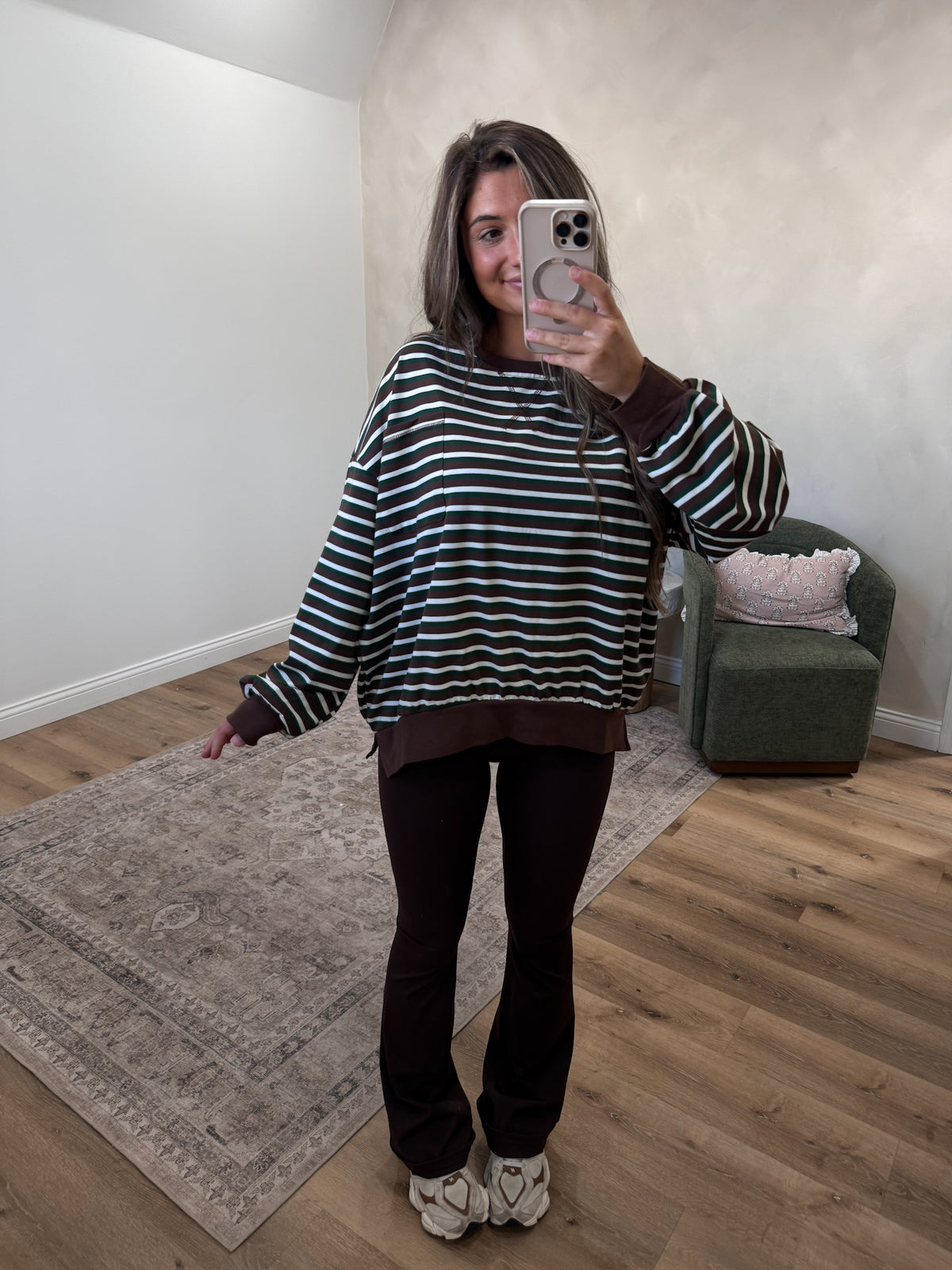 Overland Stripe Pocket Pullover - Hunter green/brown