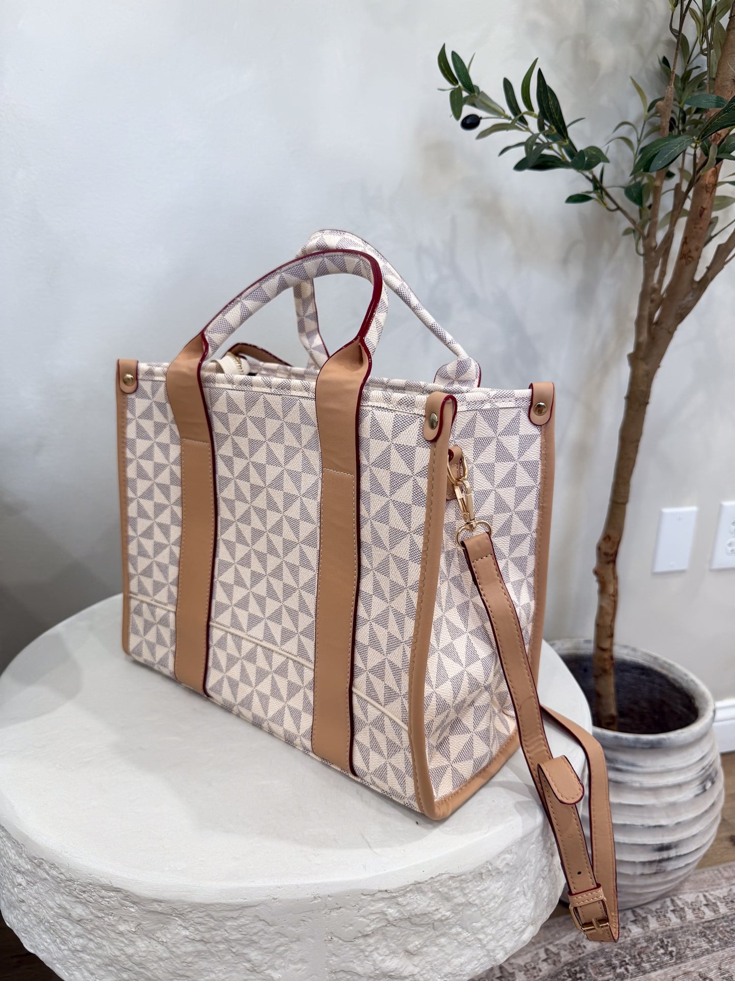 Polly Plaid Tote/Crossbody Bag - white