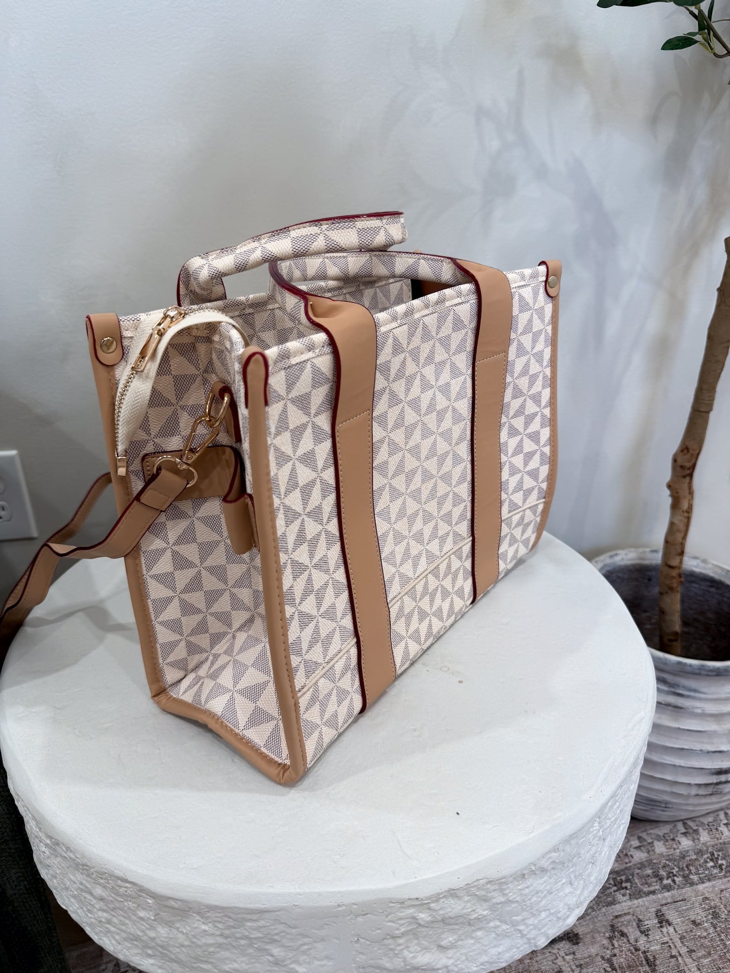 Polly Plaid Tote/Crossbody Bag - white