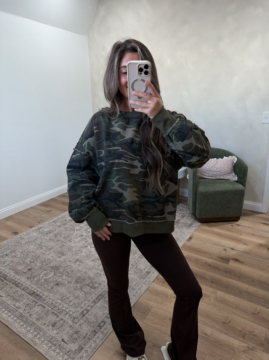 Gone Missing Open Back Camo Cropped Pullover