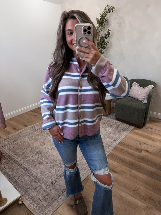 Lovely Layers Striped Soft Cardigan - mauve multi