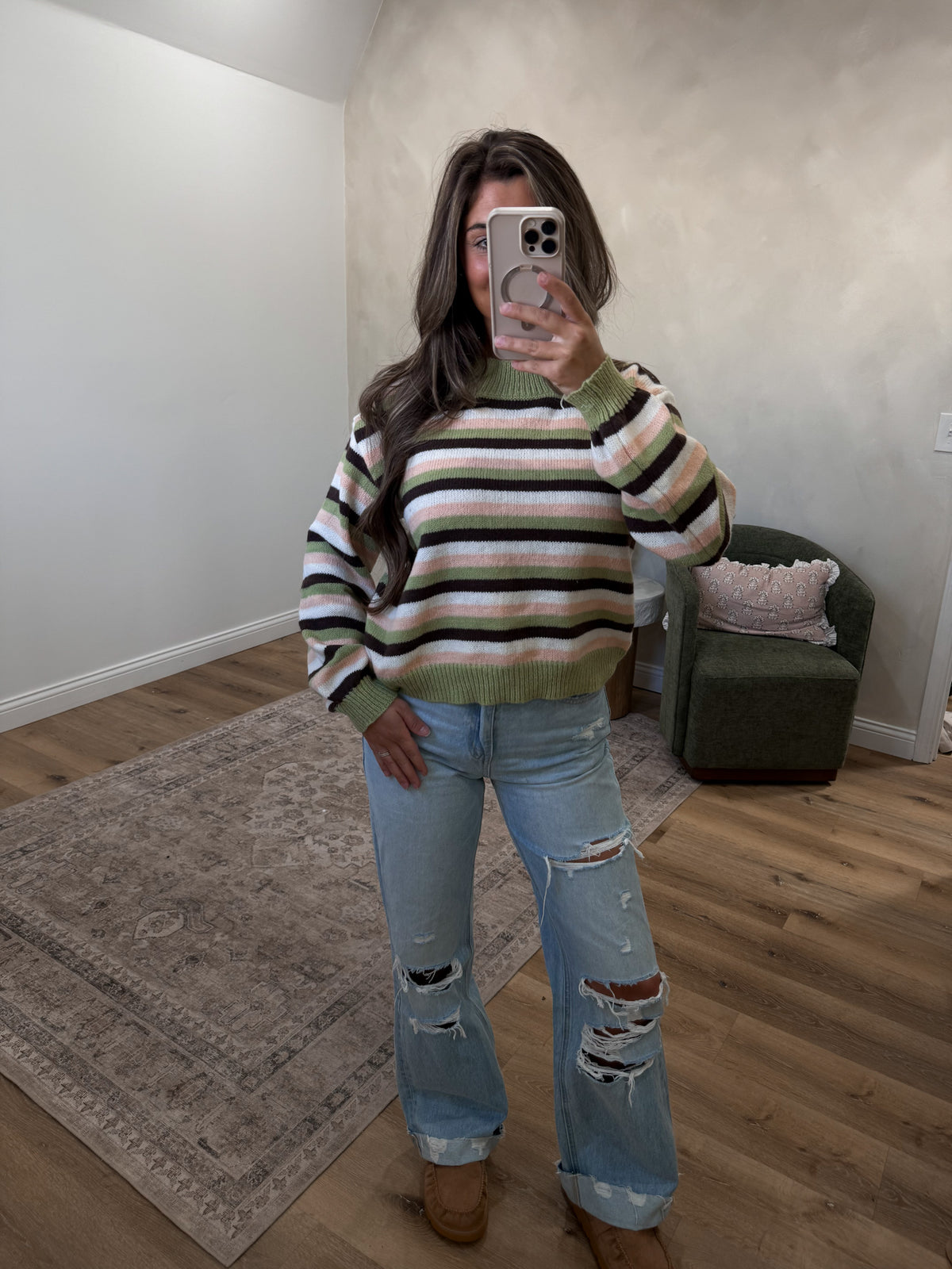 Reed Striped Knit Sweater - sage multi