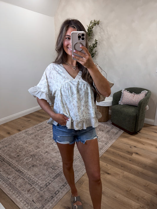 Golden Hour Floral Ruffle Top - taupe