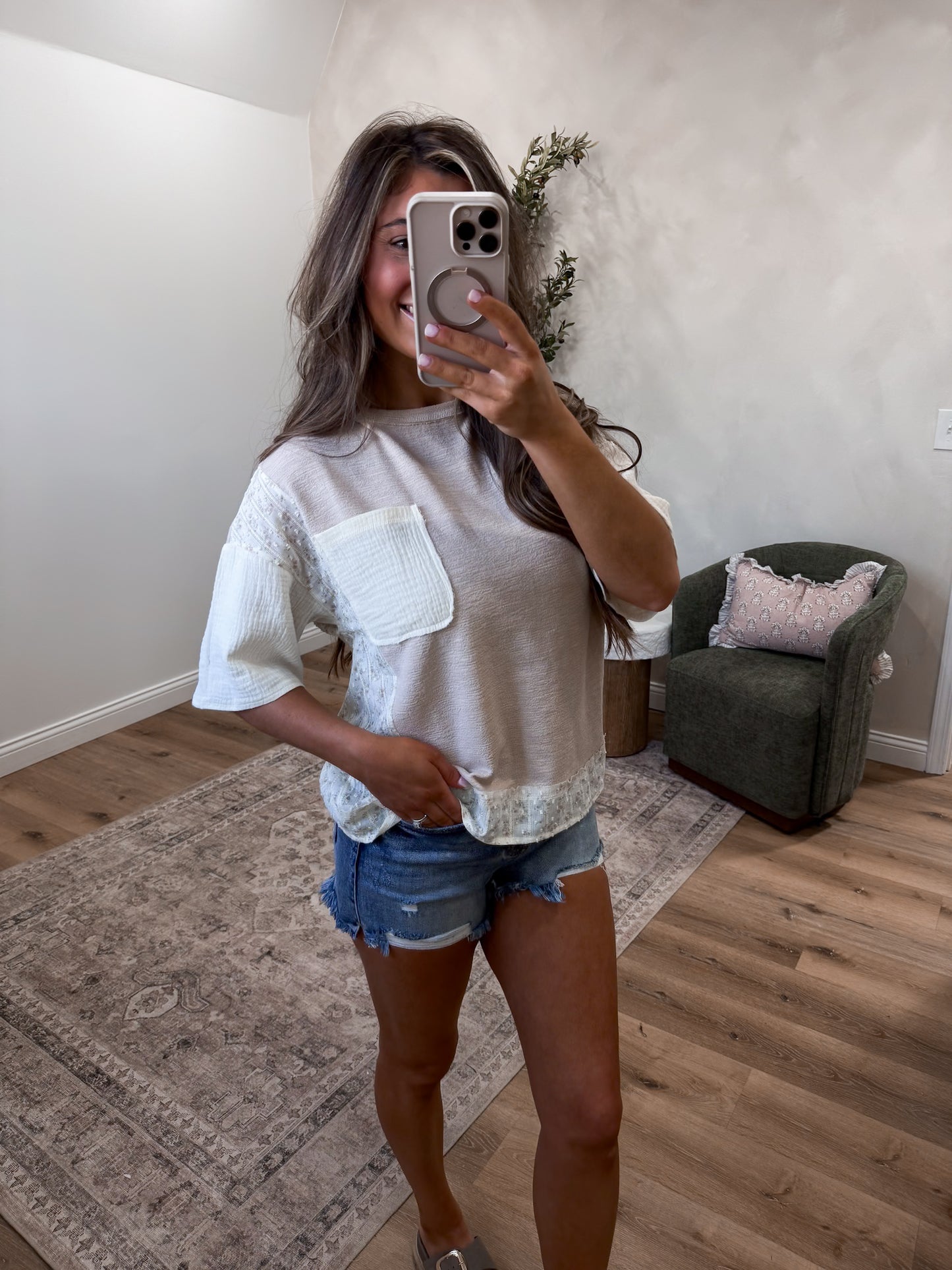 Katie Floral Trim Pocket Tee - taupe