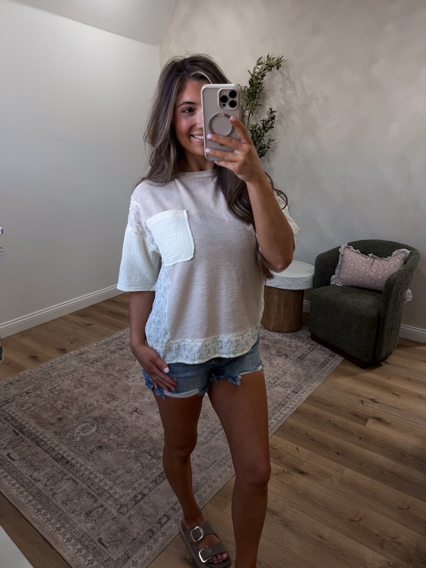 Katie Floral Trim Pocket Tee - taupe