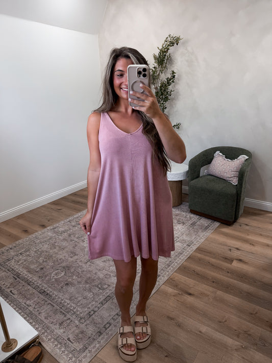 Cassidy Ribbed V Neck Dress - dusty mauve
